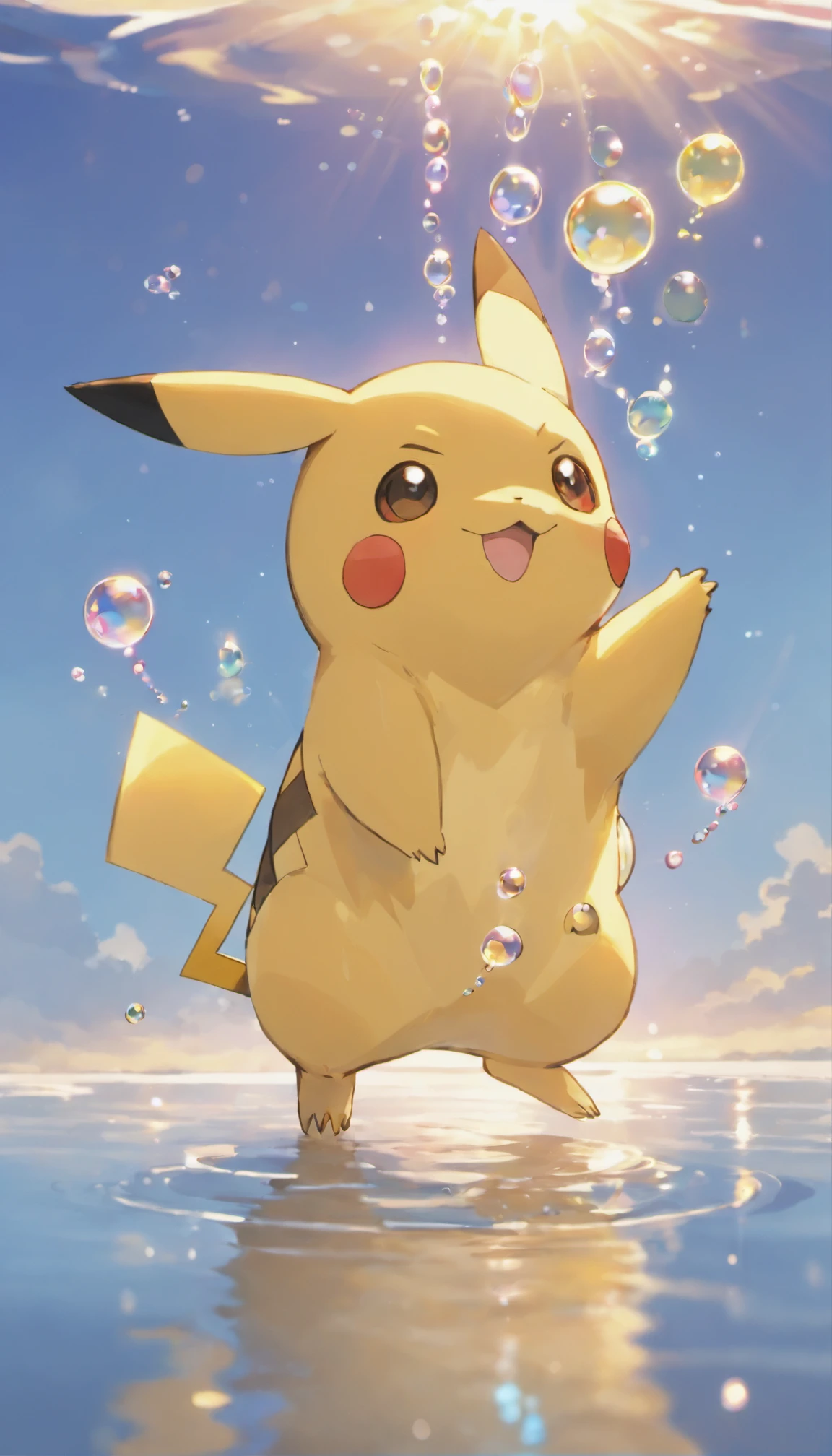 Touching scene of Pikachu making a wish on the shore of a tranquil lake in ultra-high definition 3D. Pikachu, Beautifully rendered down to the smallest detail, Bubbles are seen gently blown into the air, Each has a wish of hope. Bubbles capturing the reflection of the setting sun, Dreamy creation, magical effect. The overall atmosphere is soft, Full of hope and tranquility
