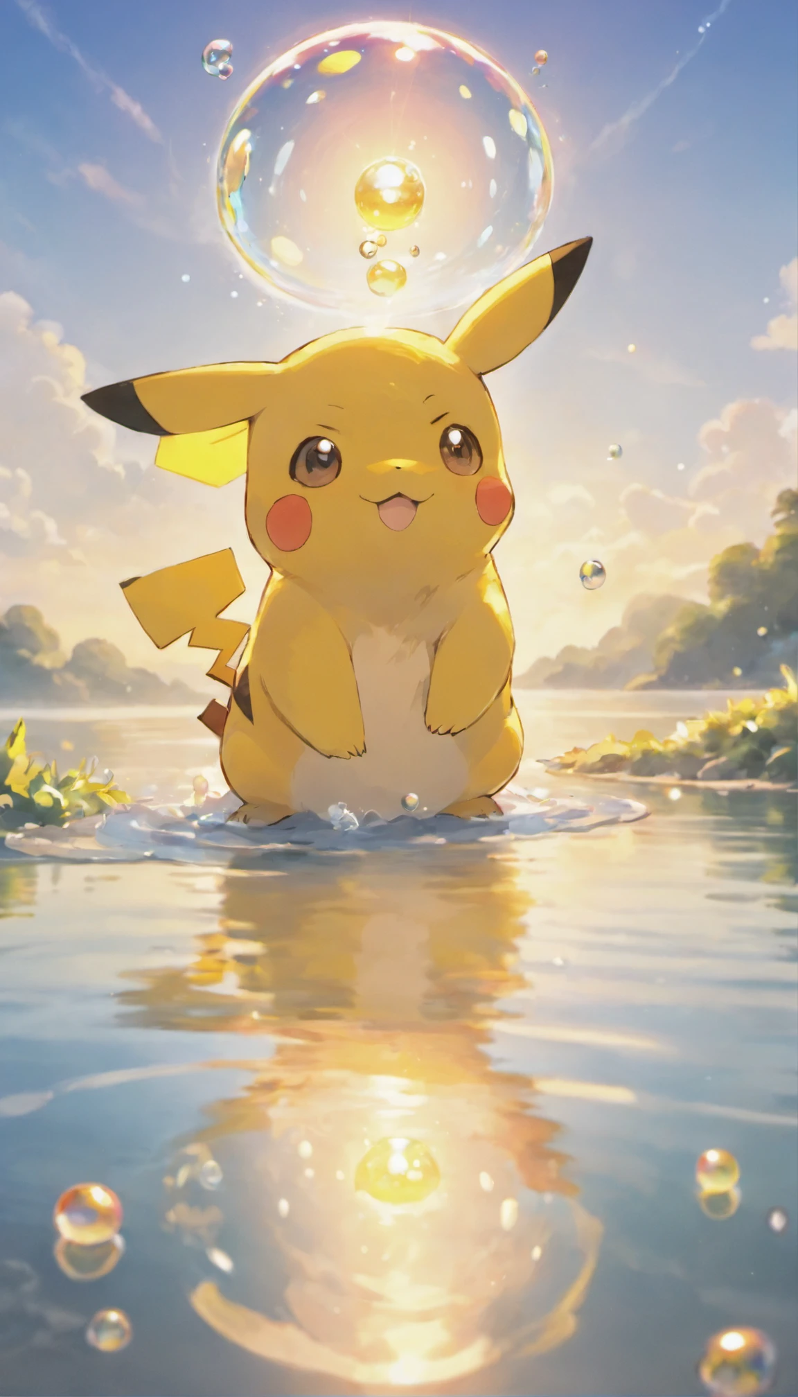 Touching scene of Pikachu making a wish on the shore of a tranquil lake in ultra-high definition 3D. Pikachu, Beautifully rendered down to the smallest detail, Bubbles are seen gently blown into the air, Each has a wish of hope. Bubbles capturing the reflection of the setting sun, Dreamy creation, magical effect. The overall atmosphere is soft, Full of hope and tranquility