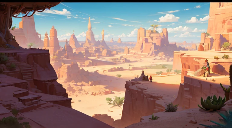 ConceptArt, scenery, desert, desert village, trees, coconut tree, cactus, oasis, body of water, wanderer, sky, clouds, dust, rock, cliffs, canyon, from above, 1 man standing