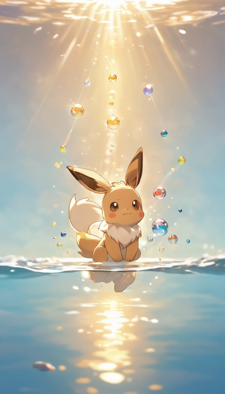 A moving scene where Eevee makes a wish on a quiet lakeside in ultra-high definition 3D. Eevee, Beautifully rendered down to the smallest detail, Bubbles are seen gently blown into the air, Each has a wish of hope. Bubbles capturing the reflection of the setting sun, Dreamy creation, magical effect. The overall atmosphere is soft, Full of hope and tranquility