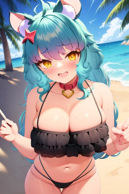2d, Obra maestra, La mejor calidad, anime, Cara altamente detallada, Ojos altamente detallados, Antecedentes altamente detallados, Perfect lighting, Chessivt, Youtuber virtual, 1girl, ojos amarillos, Cabello largo, cabello azul, cabello multicolor, cabello rosado, flequillo, Ahoge, Lazo de pelo, mouse ears, Mouse Girl, senos, senos medianos, arco, (dientes superiores), En pie, (Pov), al aire libre, Playa, bikini, Sujetador rosa, bragas rosas, desde arriba, Mirando al espectador, emocionada, cuerpo completo, Pov, agitar cola, manos en el pecho