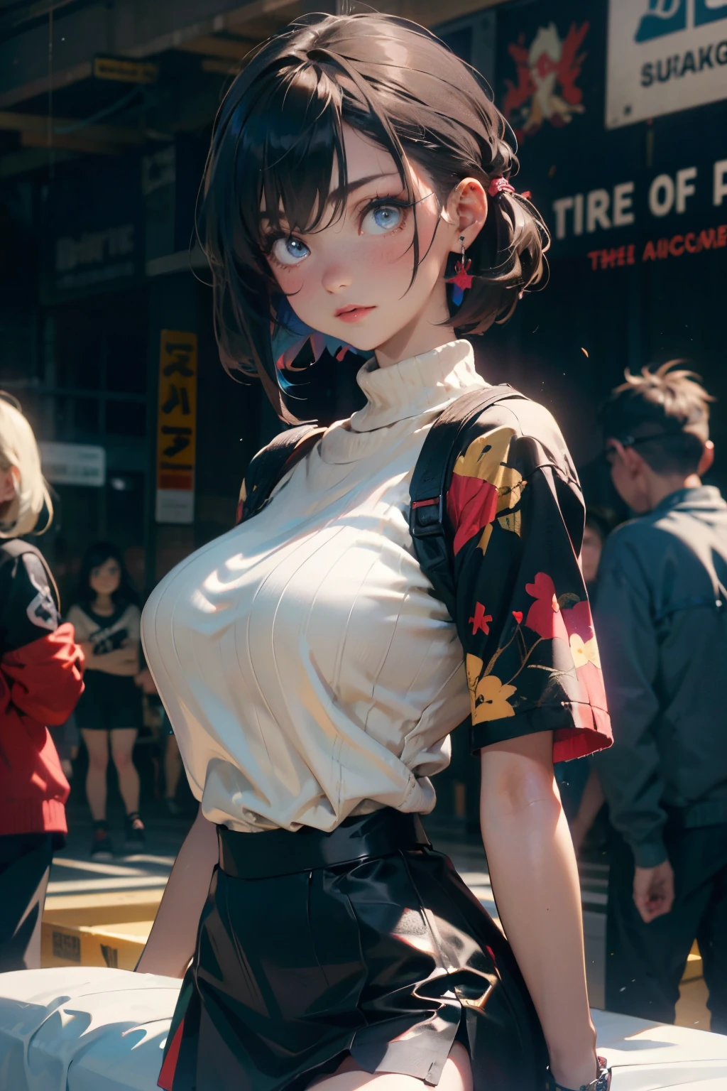 a 20 yo woman、A dark-haired、(hi-top fade:1.3)、dark themed、Muted Tones、Subdued Color、highly contrast、(natural skin textures、Hyper-Realism、Soft light、sharp)、(masutepiece:1.2, Best Quality), (real picture, Intricate details), (1lady, Solo, Upper body, Big Tits)
Clothes: Edgy, Avant-garde, experimental
appearance: Shaved head or bold hair color, Dramatic makeup, Unconventional fashion choices
behavior: defiance, non-conformist, place of provocation: urban art district, Underground Music Scene
hobby: attending punk shows, creating mixed media art, Try different subcultures
values: individuality, authenticity, Creative Expression Inspiration: Punk rock music, Counterculture icons, Characters of the avant-garde movement: Bold, boldness, Unconventional.，Red sweater and black skirt, black thigh-highs, black twin-tails, Blue eyes, on the beds, White bed，