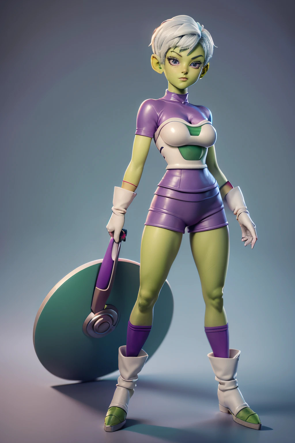 Masterpiece, full detailed, hd, 8k, 3dmm, 3d rendering, !(Cheelai is a female character from Dragon Ball Super she is a !(((girl with green skin))) and short white hair. Standing perfect body, His eyes are purple and he wears a blue scanner in his left ear. Her outfit consists of a purple and white suit that exposes her navel and part of her chest. He also wears white gloves, green boots, and long purple socks. Its appearance is very attractive and youthful )
