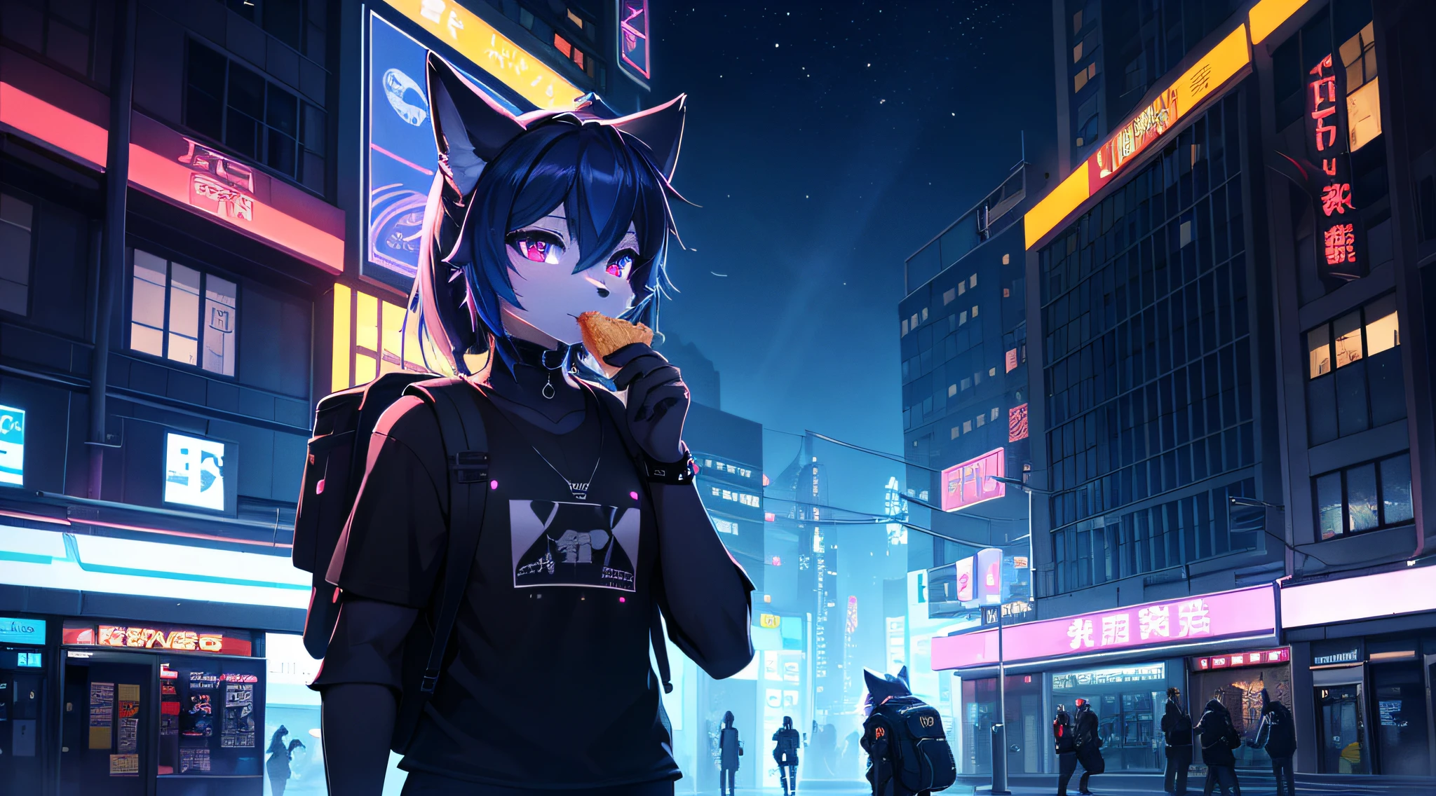 （cyber punk perssonage）The innocent face of the fox lady with dark blue fur is eating. City night scene. Black glowing T-shirt and backpack. Beautiful light and shadow.、ambient lights、Ultra-fine fur、volumettic light