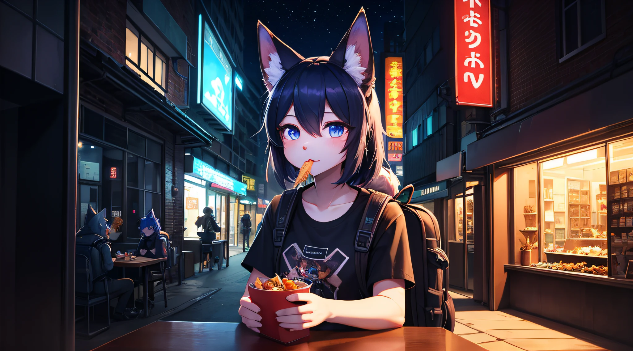(cyber punk perssonage)The innocent face of the fox lady with dark blue fur is eating. City night scene. Black glowing T-shirt and backpack. Beautiful light and shadow.、ambient lights、Ultra-fine fur、volumettic light