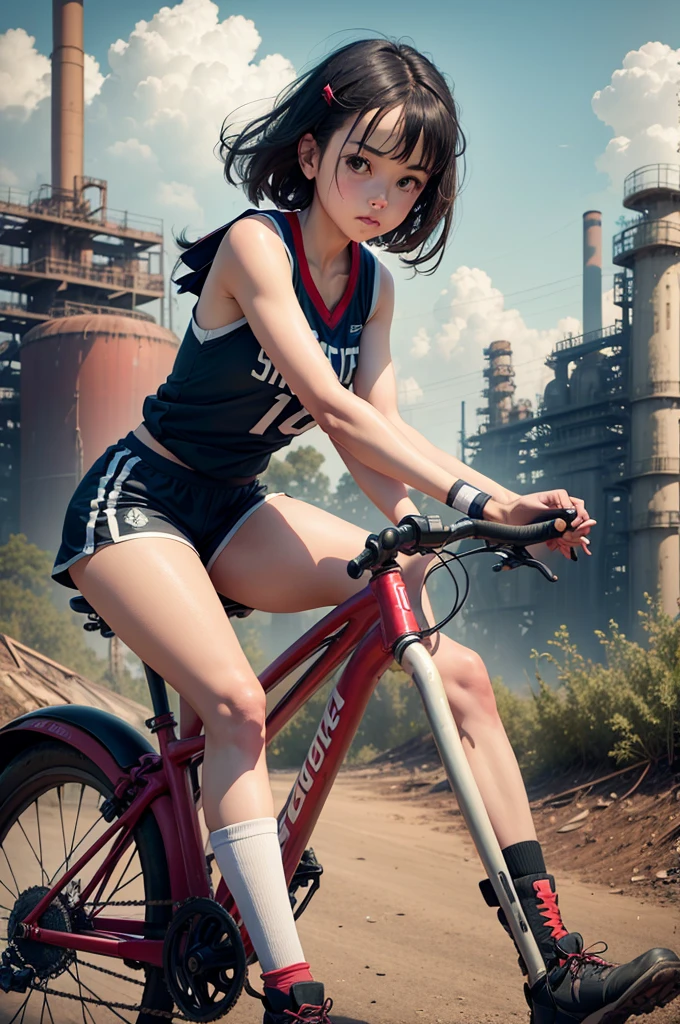 A girl riding a bicycle, at an abandoned petrochemical site, basketball uniform, short shorts,