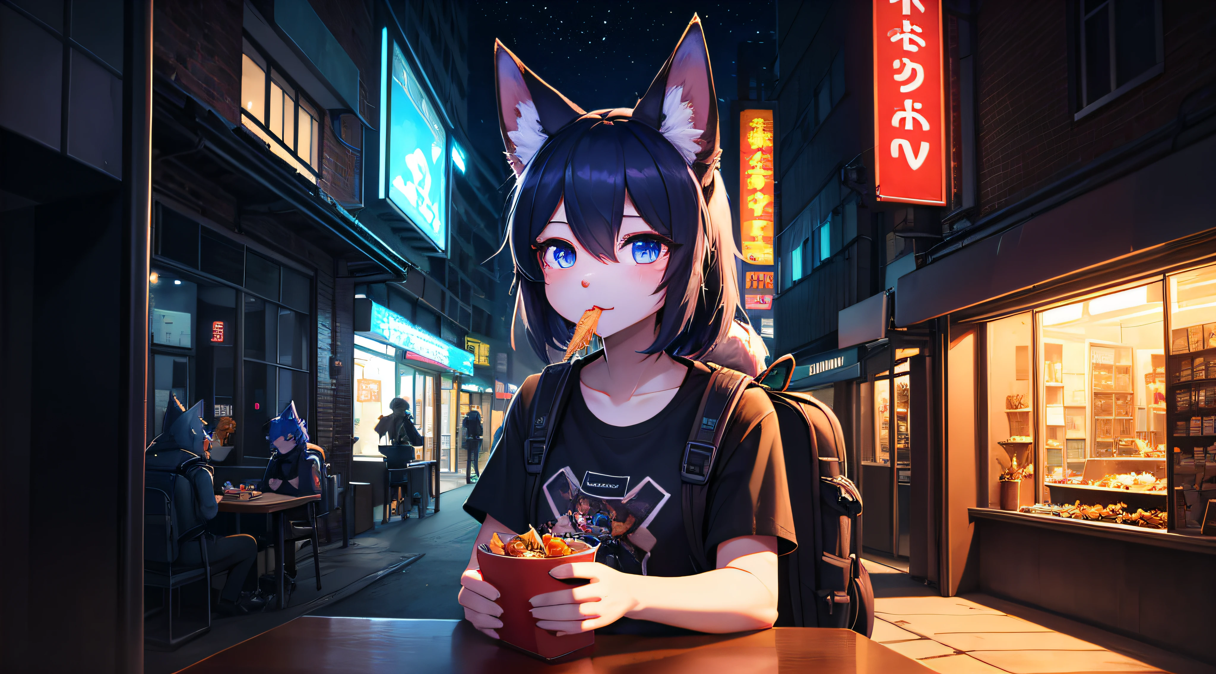 (cyber punk perssonage)The innocent face of the fox lady with dark blue fur is eating. City night scene. Black glowing T-shirt and backpack. Beautiful light and shadow.、ambient lights、Ultra-fine fur、volumettic light