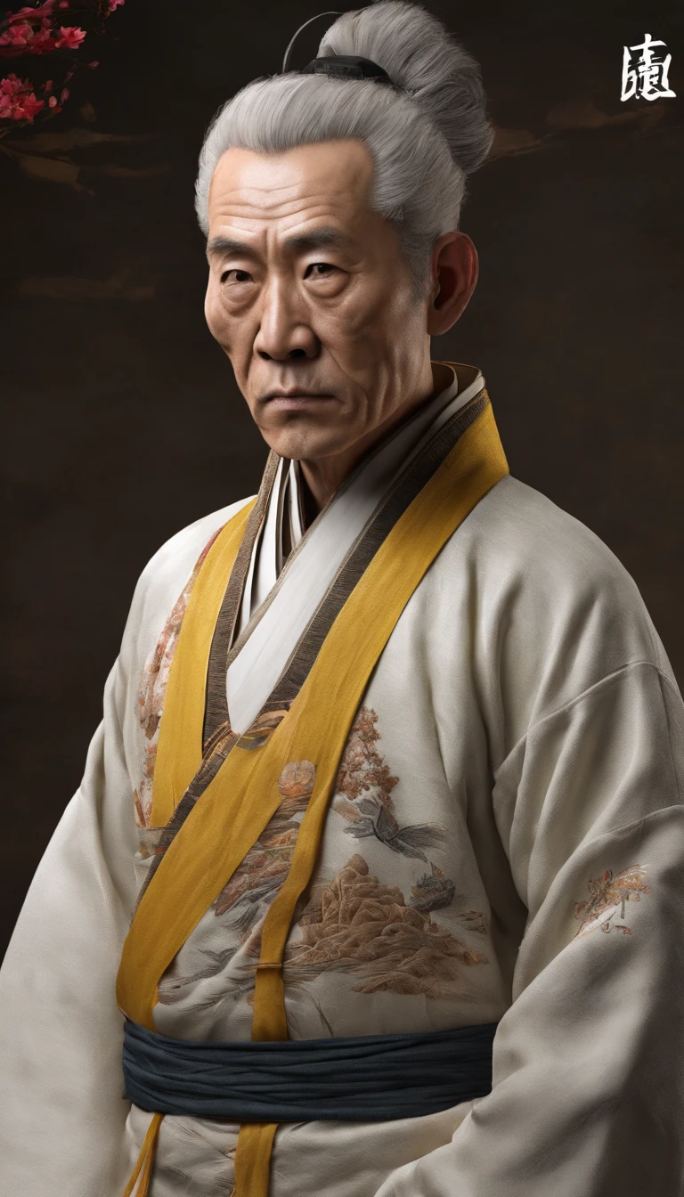 Southern old man in China's Song Dynasty(Portrait of Emperor Xuanyuan 1.0)、(Zhang Sanfeng1.1);closeup cleavage(close-up1.0),Audience visual inspection(facing at the camera),二重まぶた,Round eyes。Slightly fat,White haired man,hair-bun,no headwear,hair tying up。yellow clothing。solid color backdrop(paper texture 1.5)。真实感。hyper HD, retinas, tmasterpiece, Acura, Anatomically correct, Award-Awarded, high high quality, high detal, super detailing, ctextured skin, Best quality, A high resolution,k hd, 4K, 8K, 16k。