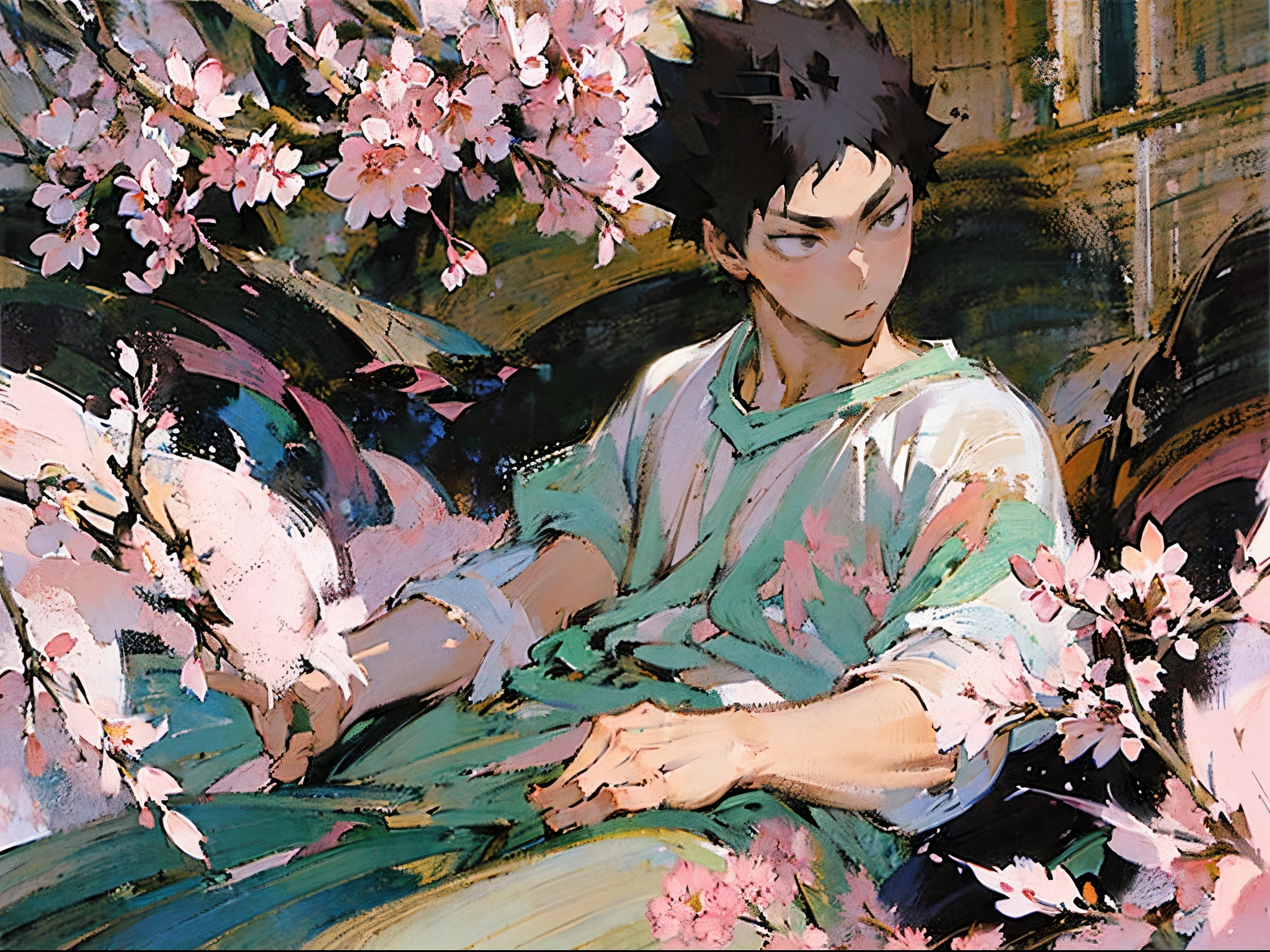 (((solo focus))),(((1 boy))),male focus,(((iwaizumi))),Fechin, oil painting, IMPRESSIONISM,black hair,((black eyes)),((short hair))plants,(((pink cherry blossom flowers))),rustic scenery,cottages,sakura,(((plain white tshirt))),khaki shorts,vibrant colors,((warm toned focus)),((((Looking at viewer)))),perfect face,(((handsome))),spiky hair,full body