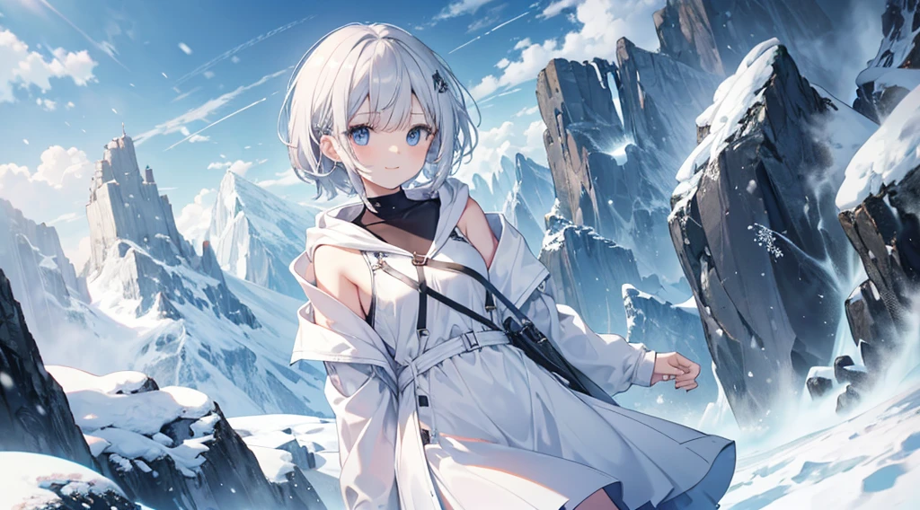mid-shot, Look at viewers, girl with, 20 years old, Very short hair, long bangs between eyes, hair over shoulder, Grey Hair, Floating hair, ^ ^, pale blue eyes, Short dress, Skirt, White clothes、White hair,Blue eyes、A smile、White skin as clear as snow、Small breasts, Silver hair, Blue eyes,  Hoodie, Hoodie with open front, Shoulder out,fantastic landscape