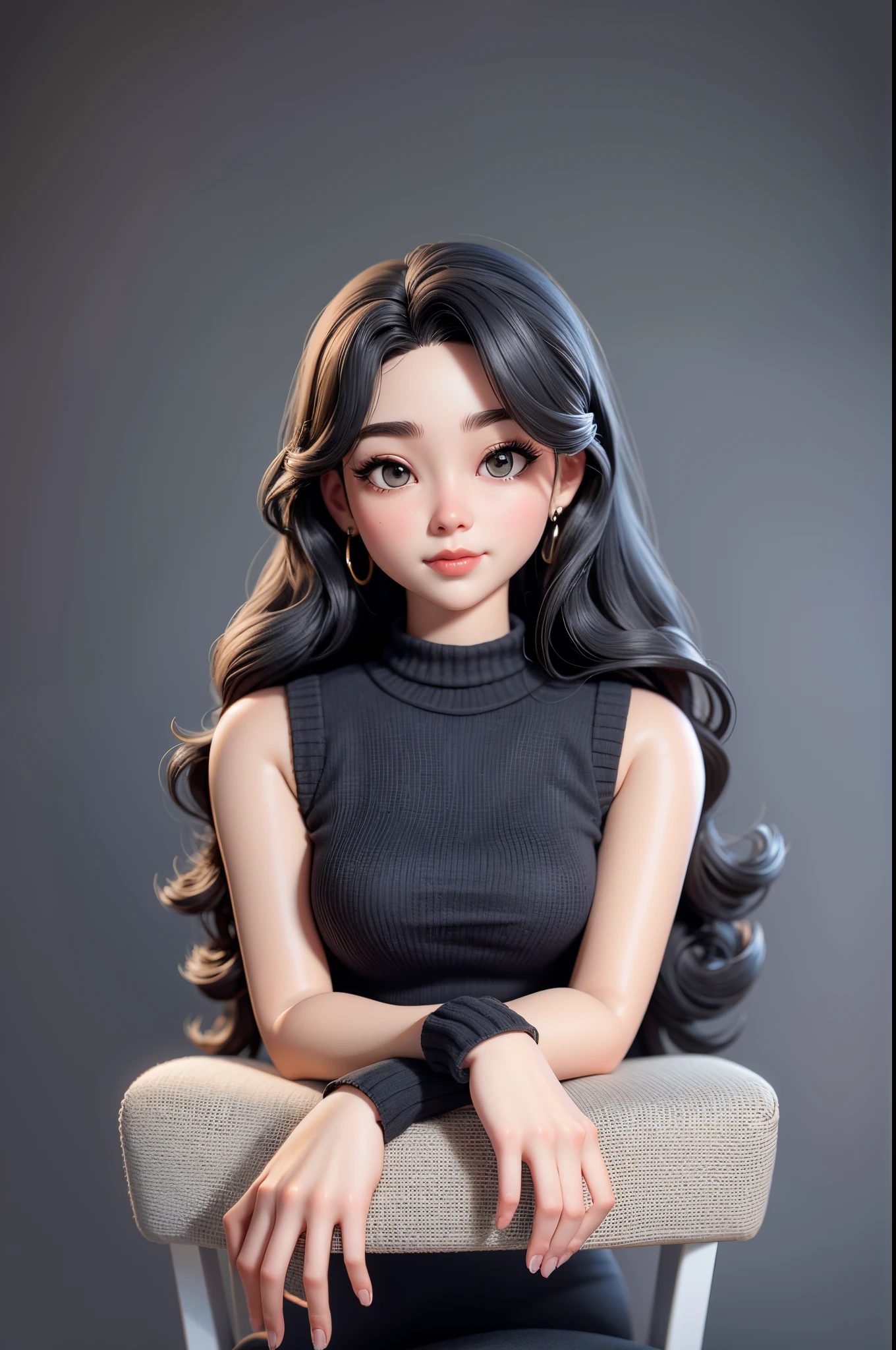 cartoon doll facial features,dark gray long curly hair,Black sleeveless knitted dress,hands crossed,sit on chair。
