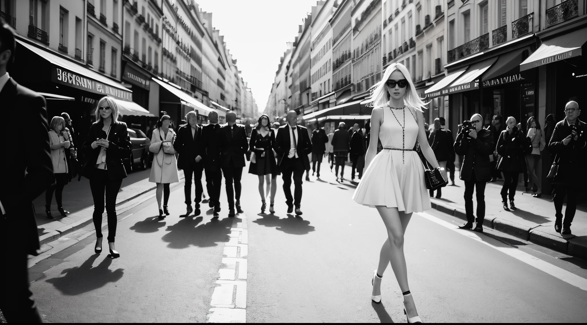 1 female focused, swedish woman model walking down a busy city street in a dress, proportion of fashion models, a black and white photo, in Paris, standing in Paris, (paparazzi), street photography style, shot on Leica summilux 35mm, (lens flare), CHANEL advertising, kodak 400tx, mesmerizing, ((black and white photography)), (low key)