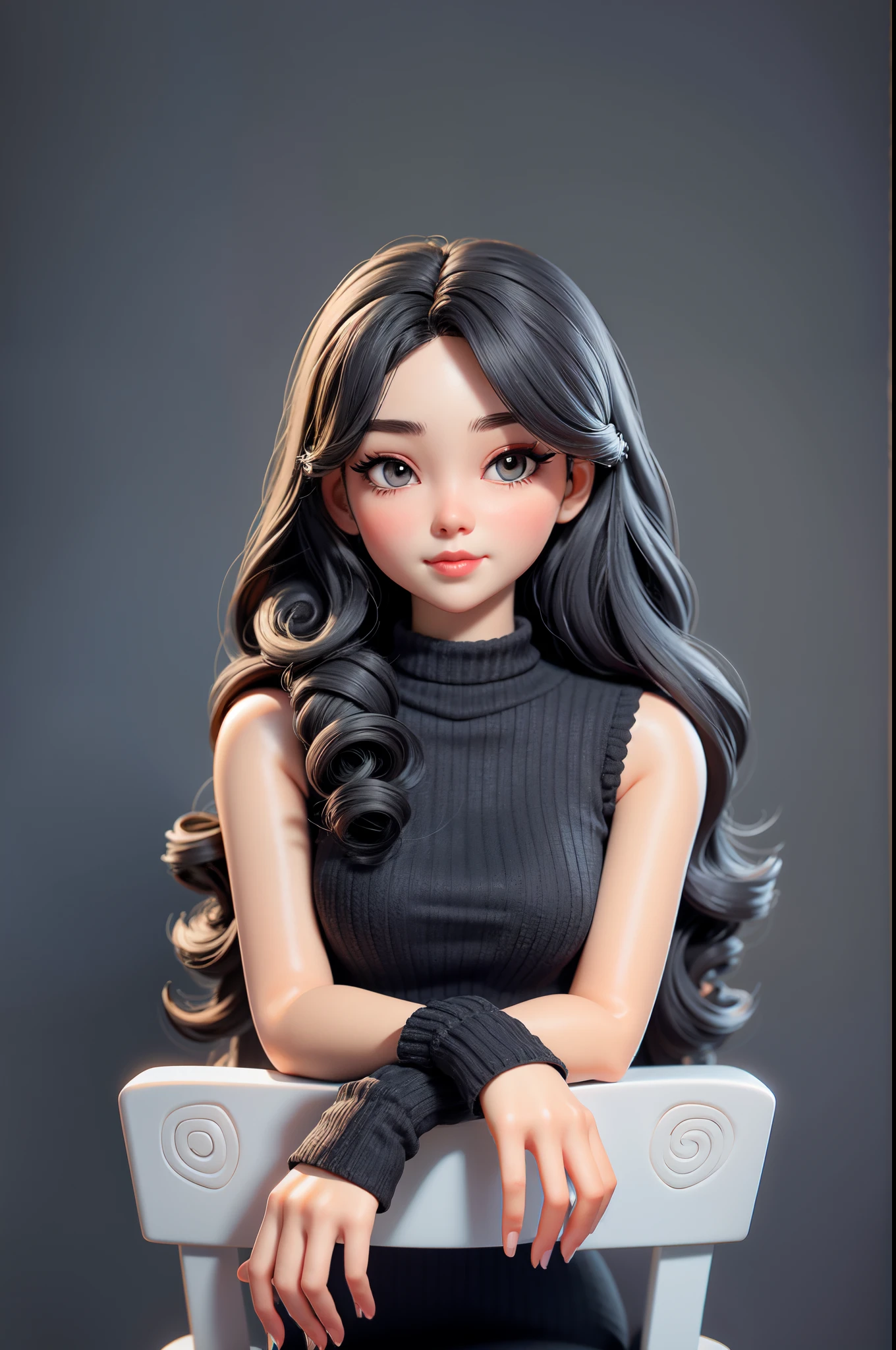 cartoon doll facial features,dark gray long curly hair,Black sleeveless knitted dress,【No decoration on wrist】hands crossed,sit on chair。