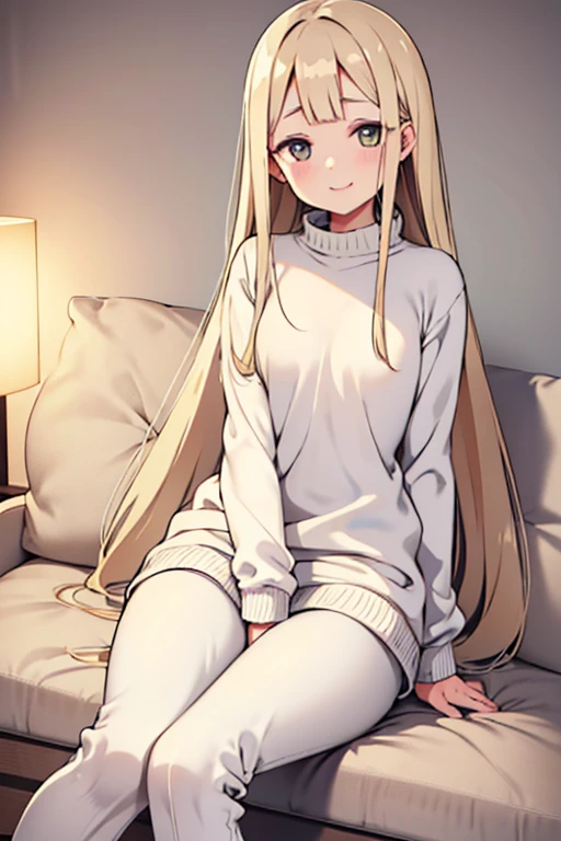 Young, slim, and petite woman with long yellow hair and light-colored eyes, wearing a detailed white wool sweater and beige jogger pants, donning light fabric flats, lying on the sofa. Captivating smile, entire figure visible.