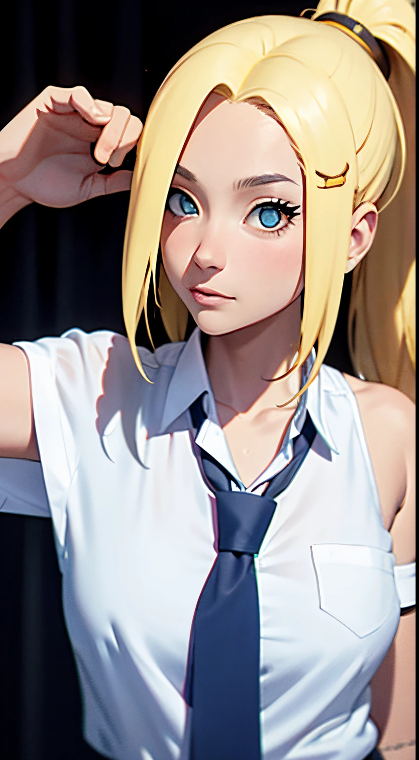 tmasterpiece， Best quality， 1个Giant Breast Girl，ino yamanaka， Large breasts，Off-the-shoulder attire，（Chopping)，（Close-up of the upper body)，Raised sexy，Very shy，，with yellow hair， long yellow hair， （ eyeballs:1.4)， Forehead protection， school,Indonesian high school uniform, white shirt, blue tie,