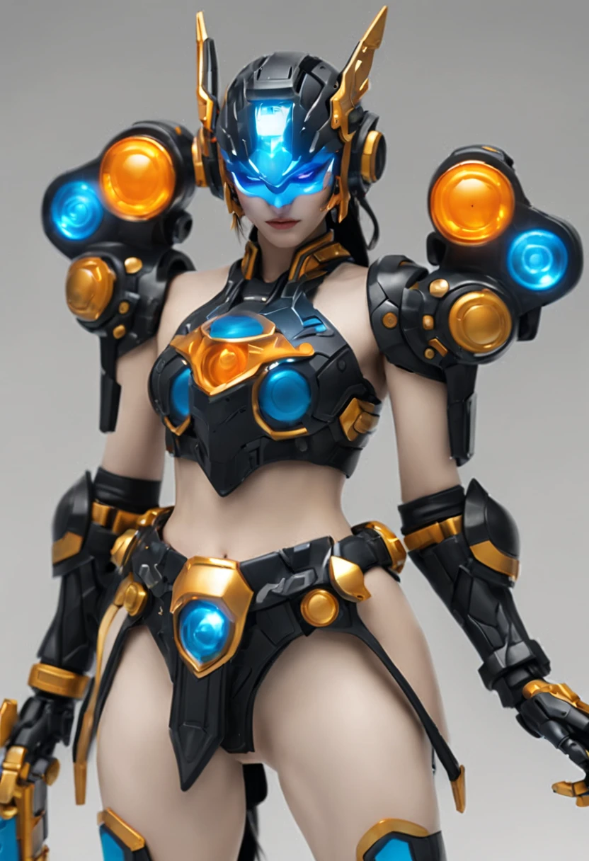 Jinx1024, Game character design，3D character rendering，(((pixar-style)))，League of Legends Jinx，((1girl，Blue double ponytail，Red eyes，big laughter，future warrior，Mechanical Warframe，Decorated with luminous lines and rivets，With streamer effect or LED light embellishment，Laser cannon、Ion cannon or pulse cannon))，((hair design：Brilliant deep blue，Add some glowing elements，Futuristic headgear such as orange photoelectric glasses or head-mounted display))，((Expression design：Add some glowing lines or orange LED light effects to the facial decoration，Design different facial expressions，Highlight the image of future warriors))，(action design：On the move、When releasing a skill or attacking，Add some special effects and animations，Highlight the sense of future and combat)，((Special effects design：Add cool orange light effects、Electromagnetic wave effect or virtual interface，Enhance the visual impact of skin)), (((standing on your feet，Metal heels: 1.8, Glowing lines or orange LED light effect))), (full body shot of: 1.5)，jinx (league of legends)