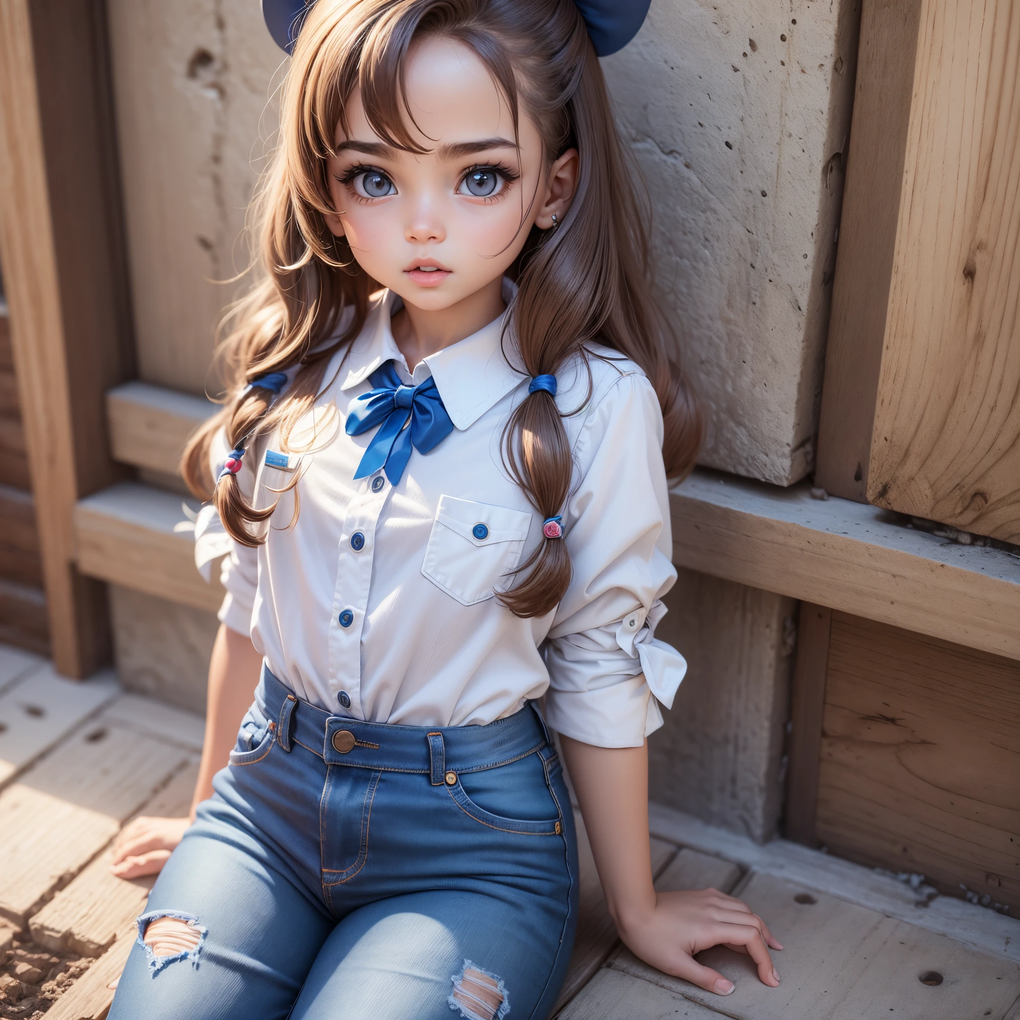 um bebe , de cabelo castanhos, olhos castanhos, personagem estilo disney, 3d, 4k, wearing school uniform with white blouse and blue jeans. --auto --s2