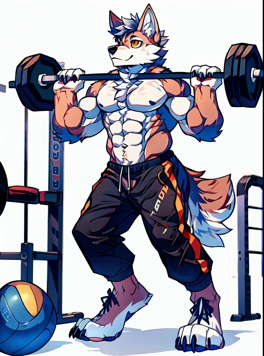 hairy,(Wolf,Black-rimmed glasses,Topless,sports Shorts,AJ),beard,White fur,male,Common,Full body pictures, Dynamic poses,giggle,Gym,Detailed background,极其lifelike阴影,masterpiece,Very detailed,lifelike