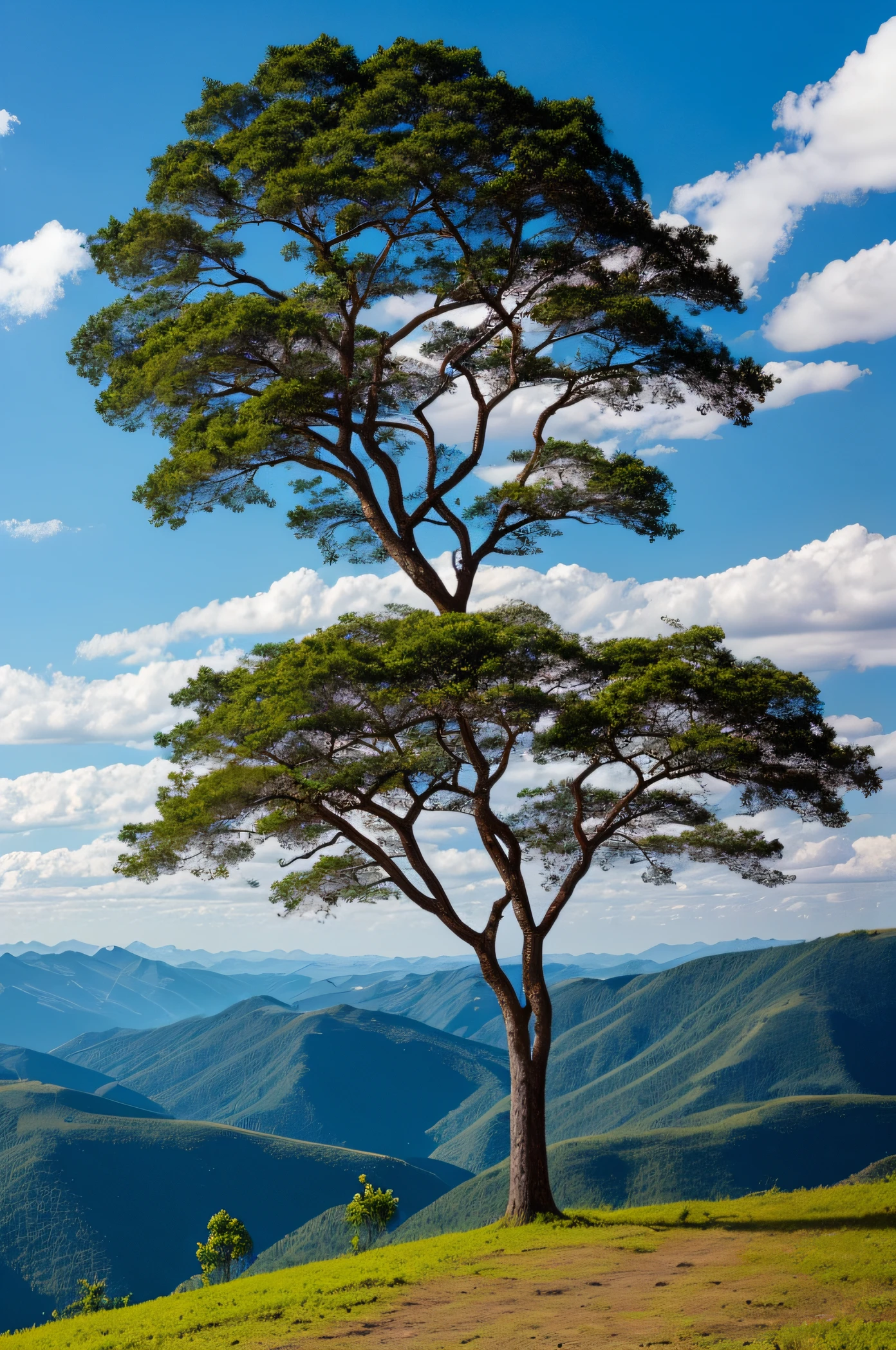 imagem em paisagem de lugar bonito com montanha, tree and a beautiful blue sky