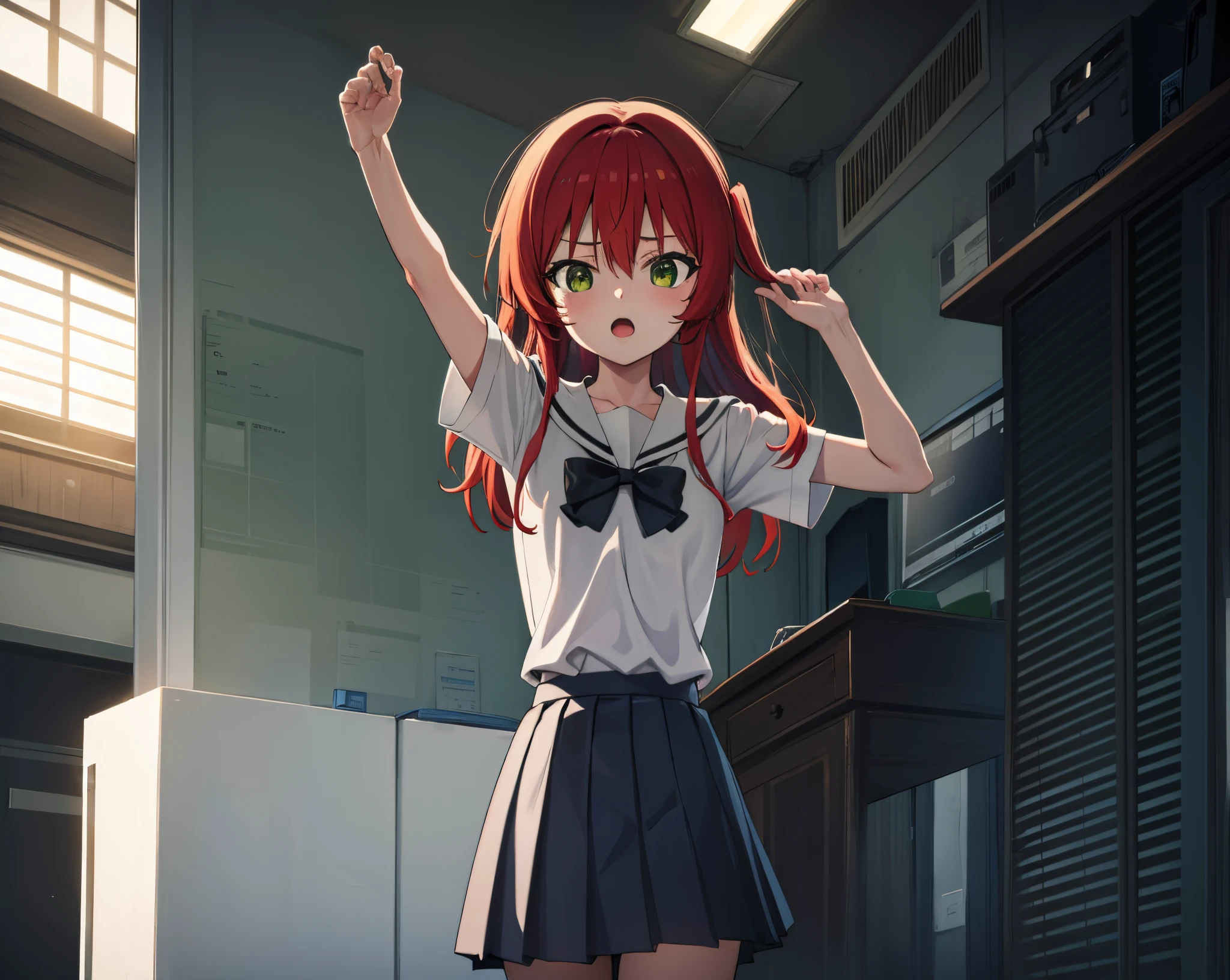 kitaikuyo, ikuyo kita, (green eyes:1.5), hair between eyes, long hair, one side up, red hair, (flat chest:1.2), BREAK black footwear, black skirt, grey sailor collar, pleated skirt, sailor collar, school uniform, shoes, short sleeves, shuka high school uniform, skirt,, BREAK looking at viewer, BREAK indoors, classroom, BREAK (masterpiece:1.2), best quality, high resolution, unity 8k wallpaper, (illustration:0.8), (beautiful detailed eyes:1.6), extremely detailed face, perfect lighting, extremely detailed CG, (perfect hands, perfect anatomy),up chest.big breasts.Sad face.open mouth.raising one arm.Bend your elbows.Clench your fists.evening glow.the setting sun.takeout.highrise buildings.A city scape