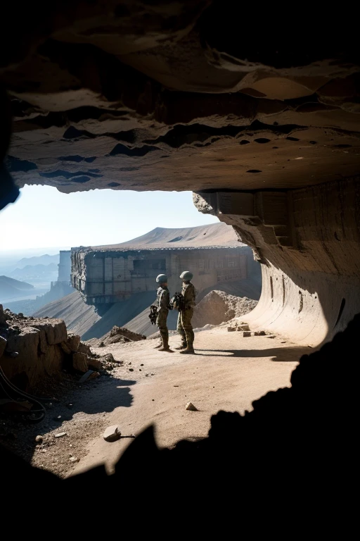 Wasteland wind,Mine,precipice,Overlooking,Dark environment,Center composition,Two Japanese soldiers standing and chatting next to the cave,Countless tattered and twisted corpses at the bottom of the pit,Game scene concept design,2-dimensional