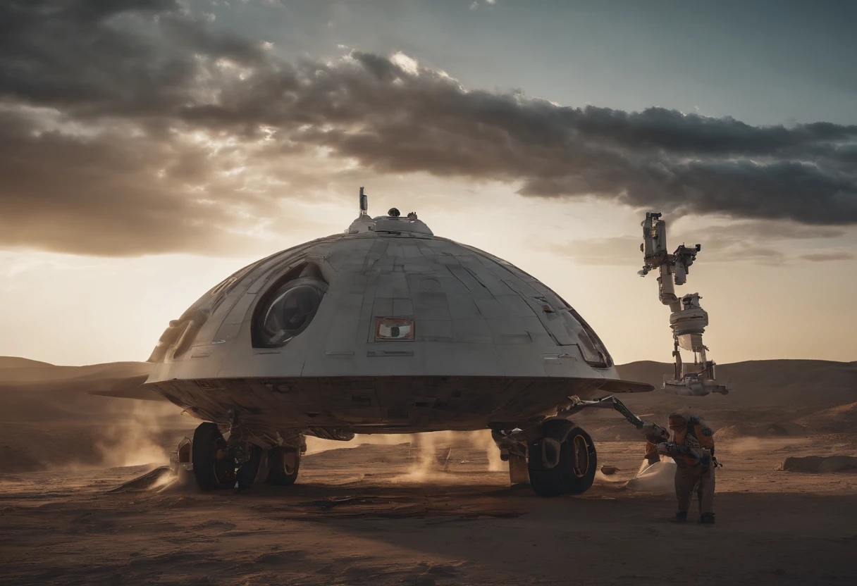 Best quality, , 超高分辨率, (Realistic photography:1.4), Many robots and astronauts are repairing a broken spacecraft in space, floating in space, star wars, light speed, black hole, star trek, slim fast spaceship