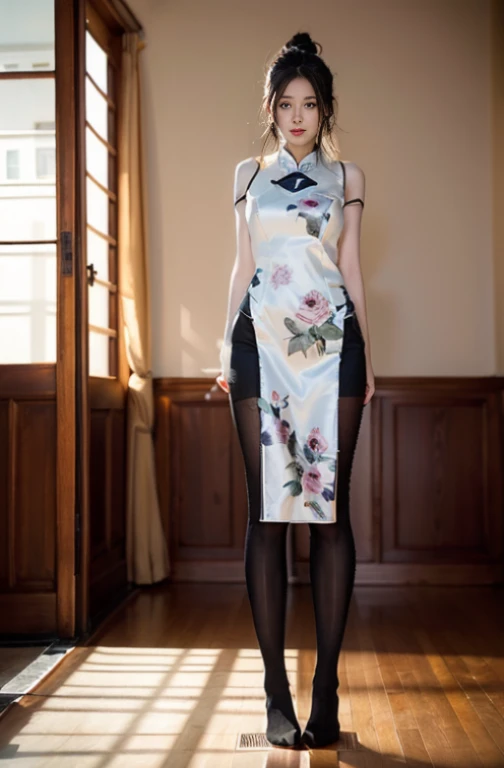 Black cheongsam,without wearing shoes,100D black hip socks,blackstockings,black pantyhoses,Thick black stockings,Colossal tits,hip is cocked,super detailing,hyper HD,A high resolution,1080p,Anatomically correct,Acura,body coordination,Portrait photos,Delicatemakeup,slender thigh,Best quality, tmasterpiece, 超A high resolution, RAW photos, Beautiful and beautiful,deepshadow, (realistically:1.4), full-body composition, Striking perspective