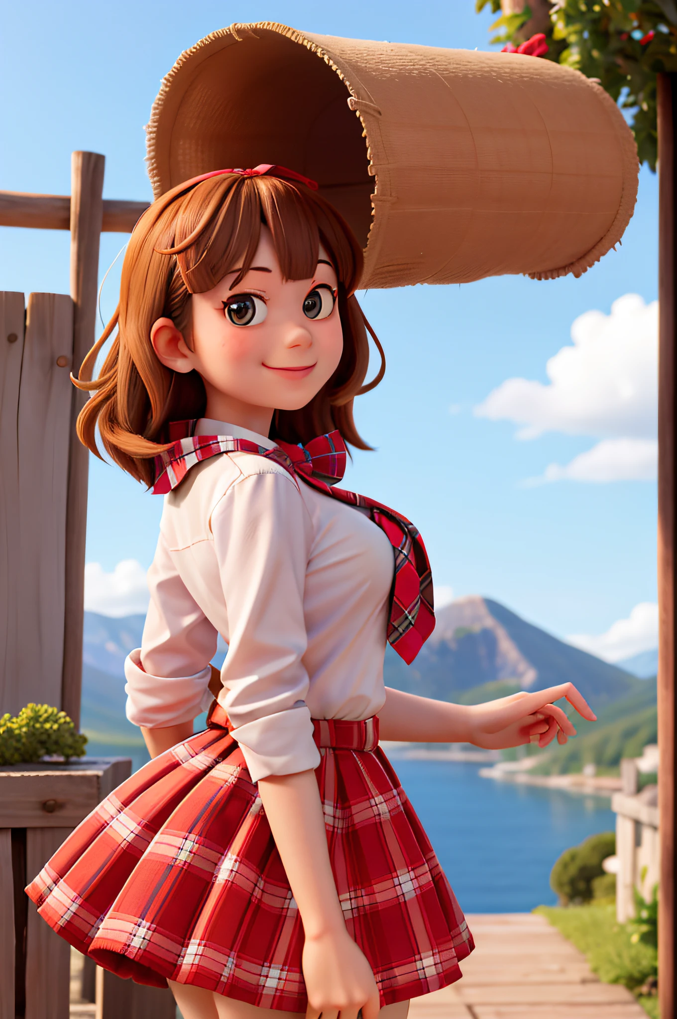 masterpiece, high quality best quality,1girl, bangs, beach, blue_sky, blush, bow, breasts, checkered, checkered_shirt, checkered_skirt, cloud, cloudy_sky, collarbone, day, envelope, giving, grass, hair_bow, heart, holding, holding_letter, horizon, incoming_gift, kazami_yuuka, leaning_forward, lens_flare, letter, light_rays, long_hair, looking_at_viewer, love_letter, mountain, mountainous_horizon, ocean, outdoors, plaid, plaid_background, plaid_bikini, plaid_bow, plaid_bowtie, plaid_bra, plaid_dress, plaid_headwear, plaid_jacket, plaid_legwear, plaid_necktie, plaid_neckwear, plaid_panties, plaid_pants, plaid_ribbon, plaid_scarf, plaid_shirt, plaid_skirt, plaid_vest, pov, shirt, skirt, sky, smile, solo, sun, sunbeam, sunlight, tree, unmoving_pattern