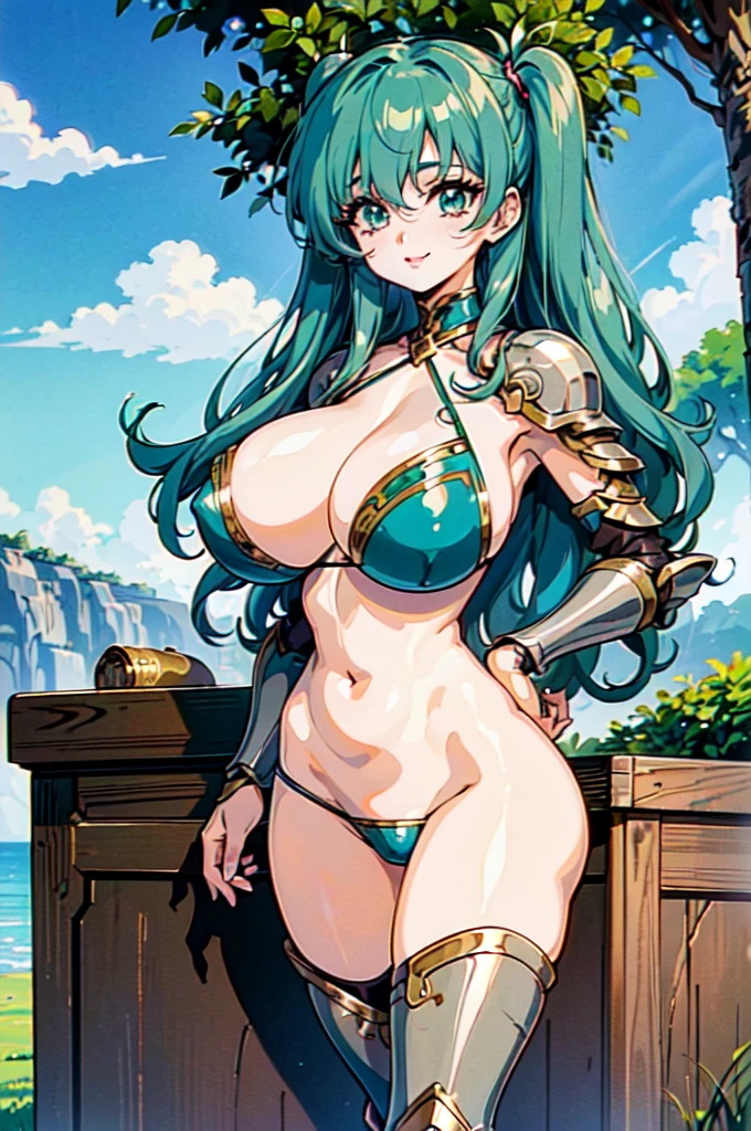 "(masterpiece:1.1), best quality,
1girl, (80s anime style:1.3), (eyelashes:1.5), (:1.2),
(intricate high detailed body:1.2),
(aqua hair:1.1), (hair over one eye:1.1), (twintails, wavy hair:1.1),
green eyes, (red lip stick:1.3),
(slim body:1.1), (gigantic breasts:1.5),
(happy, smile:1.2),
(string bikini armor, criss-cross halter:1.2),
(knight armor, armored boots, capelet:1.2), (jewelry:1.1), hand cuffs,
standing,
(upper body, cowboy shot, looking at viewer, from front:1.1),
(daytime, grassland, outdoors:1.2)"
