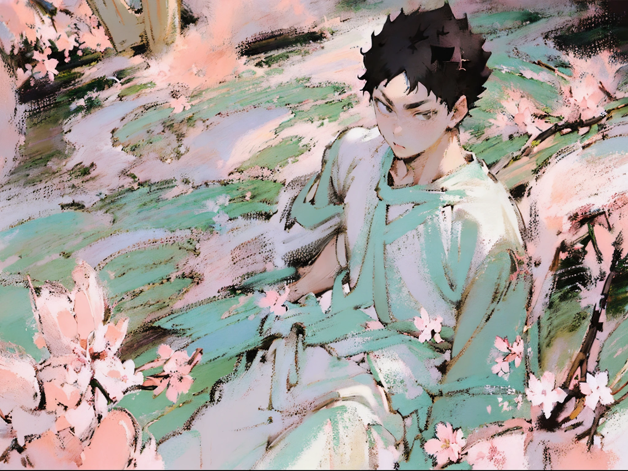 (((solo focus))),(((1 boy))),male focus,(((iwaizumi))),Fechin, oil painting, IMPRESSIONISM,black hair,((black eyes)),((short hair))plants,(((pink cherry blossom flowers))),rustic scenery,cottages,sakura,(((plain white tshirt))),khaki shorts,(((((pastel colors))))),((warm toned focus)),((((Looking at viewer)))),perfect face,(((handsome))),spiky hair,full body