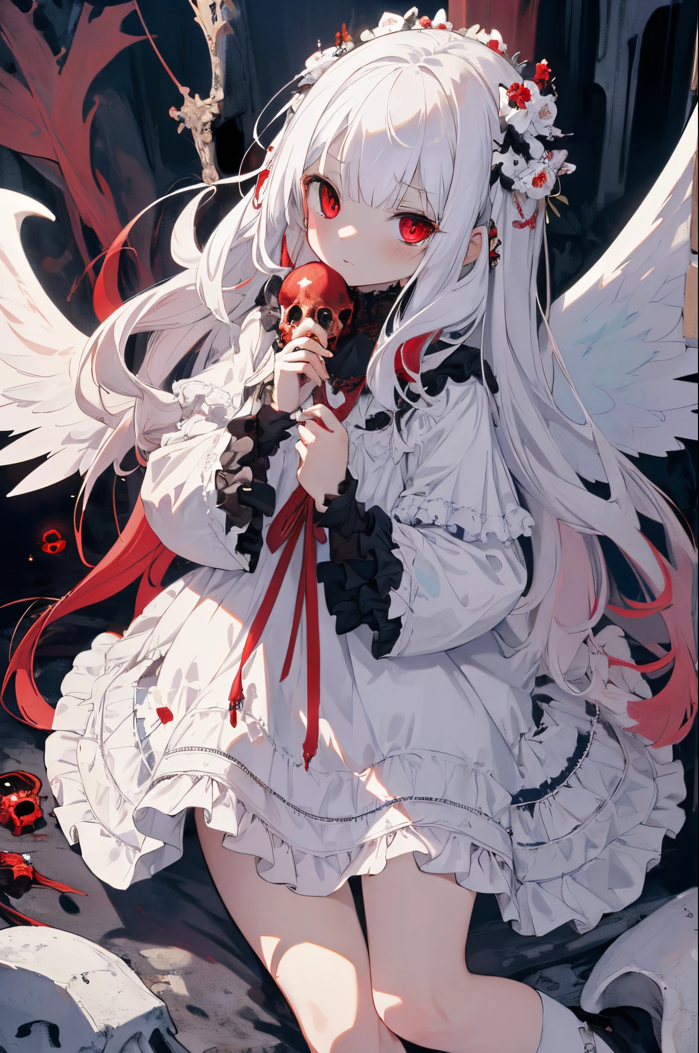 (masterpiece, Anime, absurd quality, best quality, official art, beautiful and aesthetic:1.2), (1 small girl:1.4), extreme detailed, (fractal art:1.3), colorful, highest detailed, vivid color, from above, angel, albino, babyface, hugging the skull, dark light, fluffy white frilly dress, white lace-up short boots, fluffy angel wings, pure white long hair, beautiful detailed red eyes, glaring at viewer, lots of skulls,