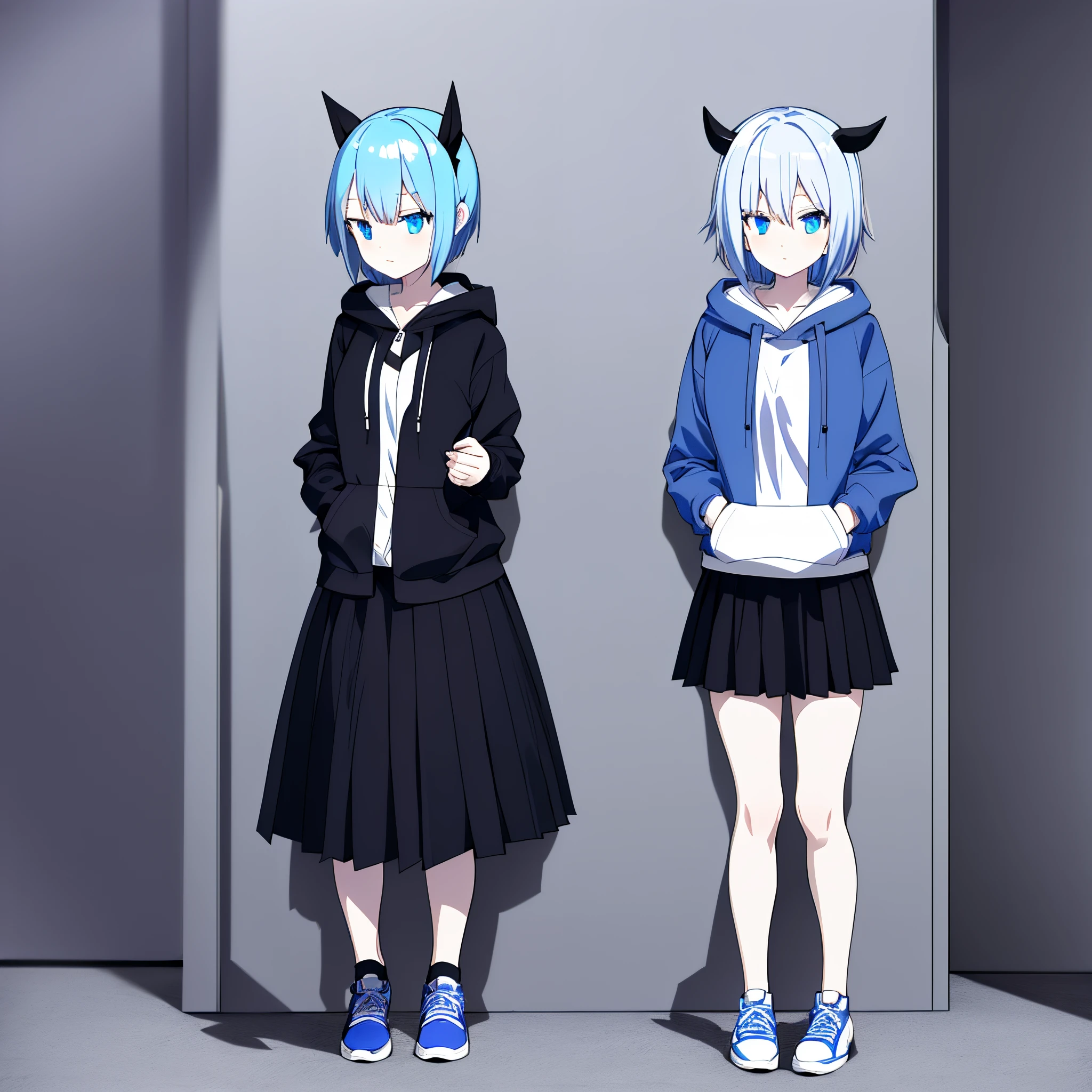 full body, Girls' Front, standing, 1 girl, very short hair, Air bangs, hair flaps, pale blue hair, beautiful detailed hair, anime face, eyes, beautiful detailed blue eyes, hoodie, black gauze skirt, white footwear, white Clothes, landscapes, absurdres, best quality,