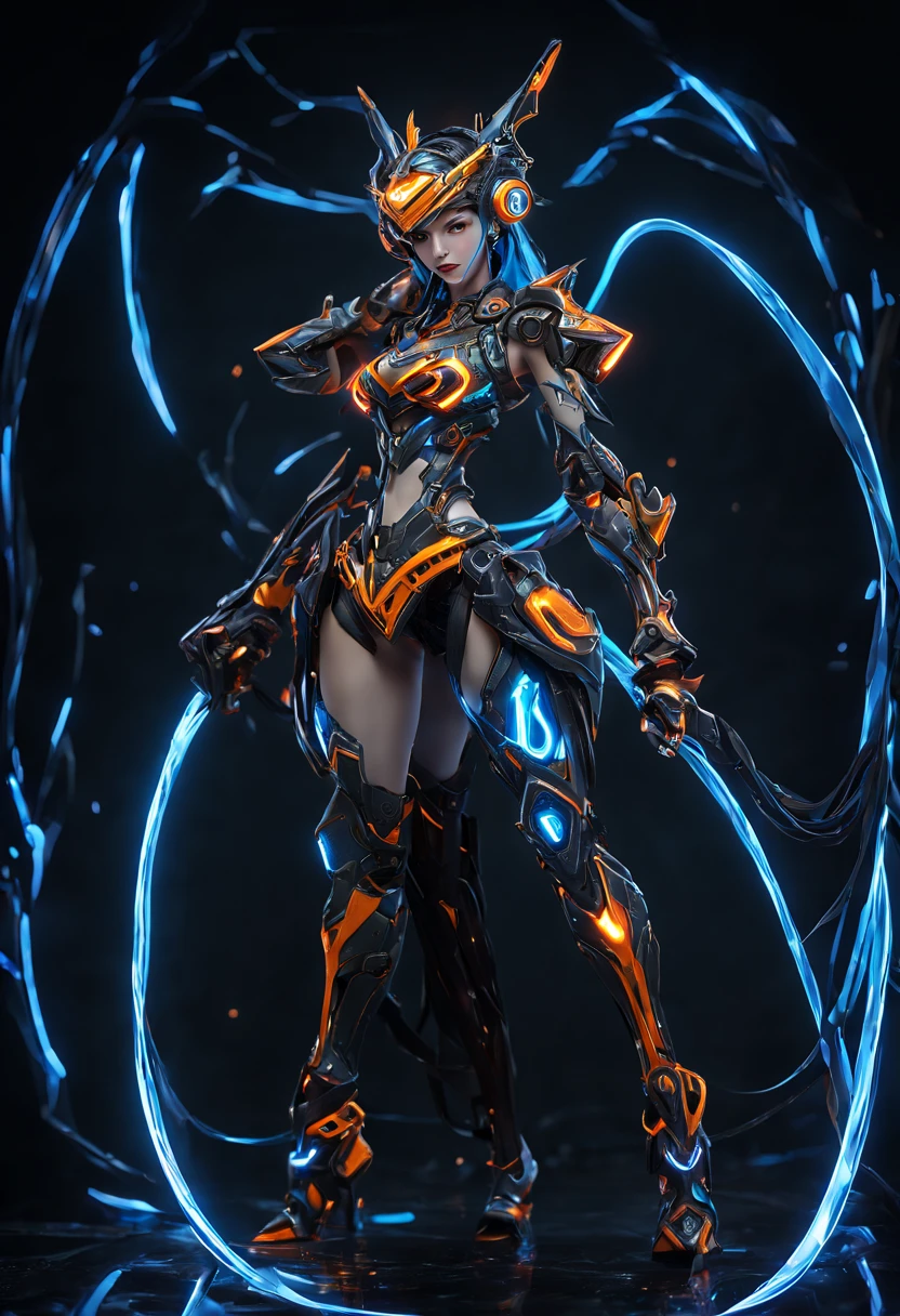 Jinx1024, Game character design，3D character rendering，(((pixar-style)))，League of Legends Jinx，((1girl，Blue double ponytail，Red eyes，big laughter，future warrior，Mechanical Warframe，Decorated with luminous lines and rivets，With streamer effect or LED light embellishment，Laser cannon、Ion cannon or pulse cannon))，((hair design：Brilliant deep blue，Add some glowing elements，Futuristic headgear such as orange photoelectric glasses or head-mounted display))，((Expression design：Add some glowing lines or orange LED light effects to the facial decoration，Design different facial expressions，Highlight the image of future warriors))，(action design：On the move、When releasing a skill or attacking，Add some special effects and animations，Highlight the sense of future and combat)，((Special effects design：Add cool orange light effects、Electromagnetic wave effect or virtual interface，Enhance the visual impact of skin)), (((standing on your feet，Metal heels: 1.8, Glowing lines or orange LED light effect))), (full body shot of: 1.5)，jinx (league of legends)