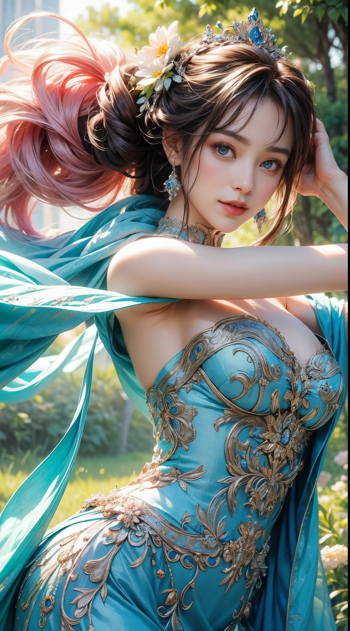 (Best Quality,4K,8K,hight resolution,tmasterpiece:1.2),ultra - detailed,(current,Realistically,realisticlying:1.37),girl in a luxurious blue dress,eyes were shining with joy, her lips were slightly curved，show a gentle smile. The sun casts a warm golden light on her face, Enhance her beauty. The color of the flowers is、From bright pink and purple、Variety of soft pastel colors。, Create harmonious and visually pleasing works. and the lighting is soft and diffused, Creates a dreamy and fantastic atmosphere. girl standing in the middle of the field, raise your arms a little, As if embracing the beauty of nature. The composition is carefully balanced, girl&#39;The position is off center, Create a sense of movement and vitality. The details of the flowers are very detailed, Each petal and leaf is carefully expressed.. The Girl&#39;The skirt wraps her elegantly, Adds elegance and femininity to the scene. all inclusive, Artwork that evokes joyful feelings, enshrine, and appreciation for the beauty of nature.........