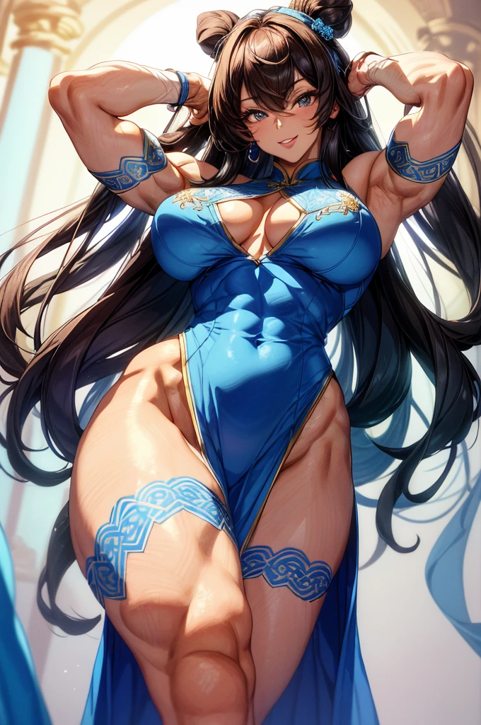 (tmasterpiece, Best quality at best:1.2), ((musculous:1.2)),tmasterpiece, The best, 1 female, blue clothes, Blue cheongsam, fully body photo, Ancient Chinese style, White cloth buns, brunette color hair, bshoulders, Large breasts, slender leg, ssmile, White panty hose, Pantyhose lace, white under lingerie, pale pink lip, Embroidered dress