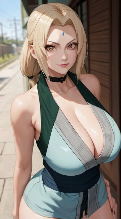 Tsunade Senju, Bela, obra prima, extremamente detalhado, melhor qualidade, best ilumination, melhor sombra, rosto perfeito, olhos castanhos brilhantes, marca azul na testa, (usando um micro biquini latex), 1 girl, sexy, peitos enormes, bunda grande, inclinada pra frente olhando para o expectador, em konoha,