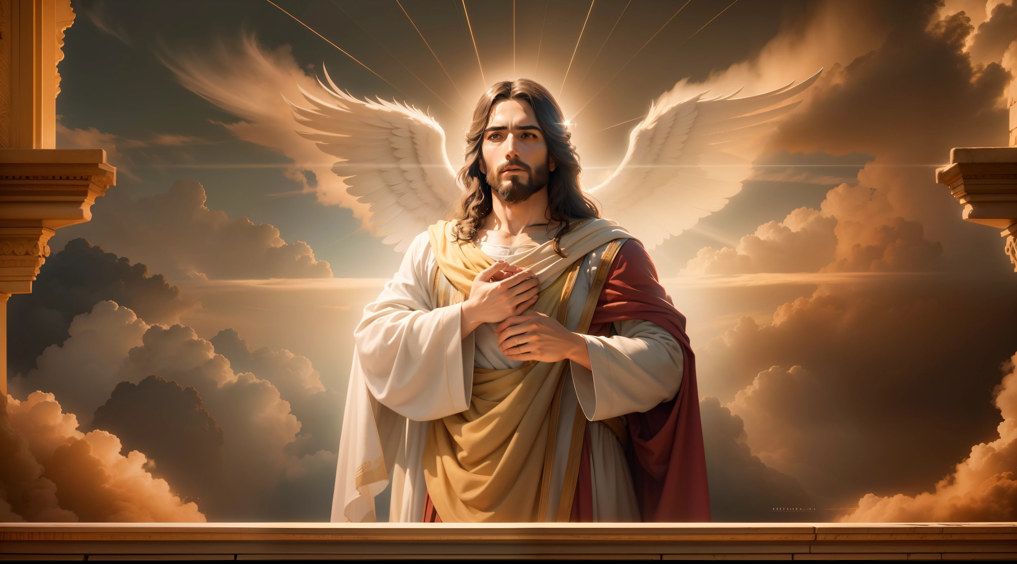 Nesta cena, Jesus is portrayed in heaven, irradiando divindade e serenidade. The atmosphere is ethereal, com suaves raios de luz iluminando os arredores. The composition is carefully framed, capturando Jesus no centro, surrounded by a paradisiacal setting. The camera zooms in to capture all the intricate details, showing the divine characteristics and expression of Jesus. His eyes reflect compassion and wisdom, enquanto seu sorriso sereno exala paz e amor. Dramatic lighting increases the depth and mood of the scene, creating a sense of wonder and reverence. The image is captured with an ultra-detailed camera, garantindo que cada nuance e textura seja fielmente reproduzida. Resolution is set to 8K, proporcionando clareza e realismo impressionantes. Photorealistic rendering brings Jesus to life, Capture the essence of your presence in a tangible and compelling way. The ratio is set to 4:3, allowing a balanced and classic composition. The version used is Midjourney 5.2, Leveraging the latest advances in imaging technology. Camera settings are set to automatic, optimizing exposure and focus to capture the scene in its utmost beauty. No geral, the scene depicts Jesus in all his glory, conveying a sense of divine presence and peace. The combination of ultra-detailed photography, Dramatic lighting and high-resolution rendering create a visually stunning and emotionally resonant depiction of Jesus in heaven.