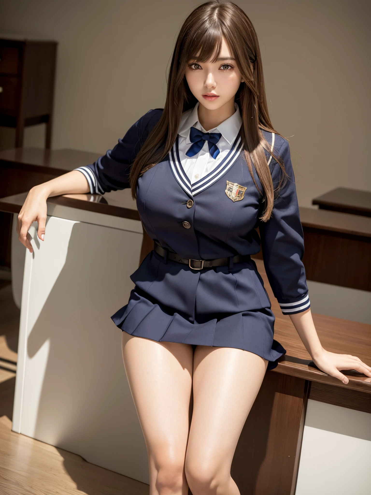 8k,best quality, masterpiece, ultra detailed, ultra high res, photorealistic, raw photo, absurdres, absolutely resolution, ((1girl)), full body ,a Japanese young pretty woman, hyper cute face, glamorous figure, large breasts , long bob hair , (school uniform :1.3),desks ,glossy lips, double eyelids in both eyes, natural makeup, long eyelashes, shiny smooth light brown long bob hair, asymmetrical bangs, shiny skin, central image, high resolution, high detailing, detailed hairstyle, detailed face, spectacular movie lighting, octane rendering, vibrant, hyper realistic, perfect limbs, perfect anatomy