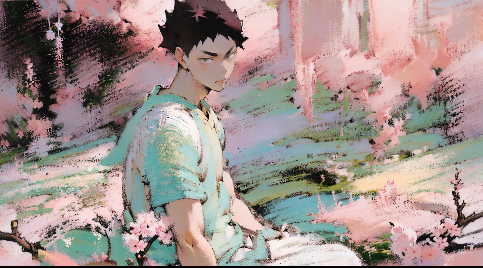 (((solo focus))),(((1 boy))),male focus,(((iwaizumi))),Fechin, oil painting, IMPRESSIONISM,black hair,((black eyes)),((short hair))plants,(((pink cherry blossom flowers))),rustic scenery,cottages,sakura,(((plain white tshirt))),khaki shorts,(((((pastel colors))))),((warm toned focus)),((((Looking at viewer)))),perfect face,(((handsome))),spiky hair,full body