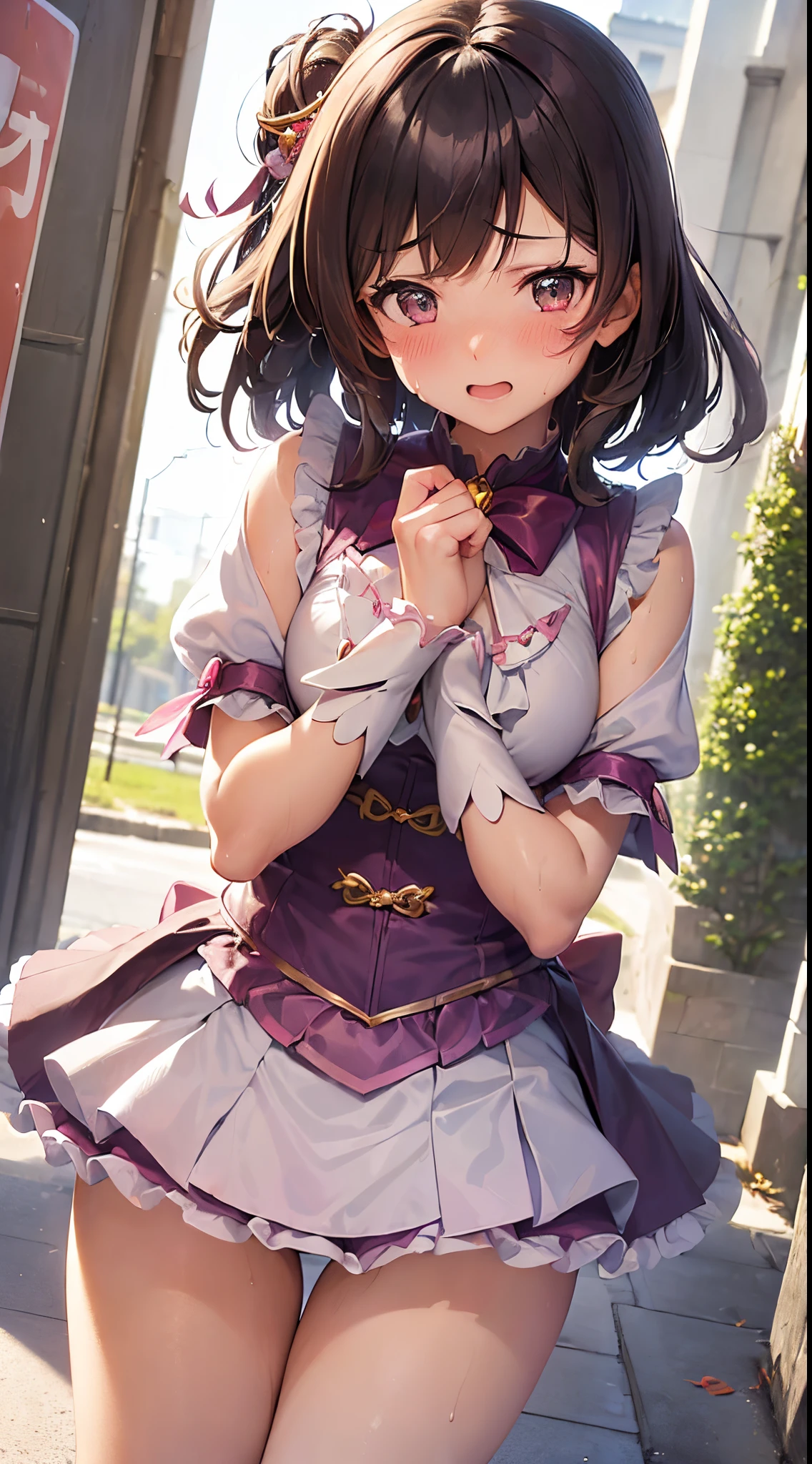 One lady,20yr old,((Magical Girl Costumes)) ,(((blushed face))), )), ((()))((I'm opening my mouth)),(((magical girl costume))(Happy Ahe Face),Wet with sweat,(A dark-haired,),((Street,Crowds,))(())