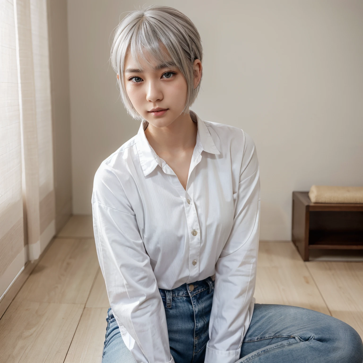 A Japanese girl ,with white and silver hair(wolf cut),wearing shirt and jeans,having white eye,sitting in home,cute face with blushing, single Eyelids,grooming and realistic face