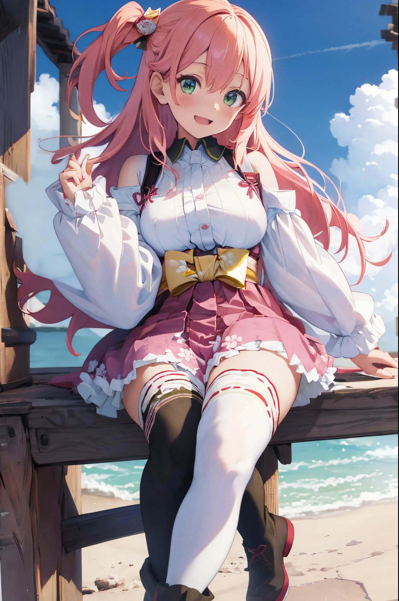 masterpiece, best quality, highres, miko1, sakura_miko, 1girl, (loli:1.3),medium_breasts, solo, ahoge, x_hair_ornament, pink_hair, floral print, hairclip,(side_less_clothes:1.3), (side_breasts:1.3), hair_bell, floral print, long_hair, hair between eyes, one side up, white_thighhighs, wide sleeves, open_mouth,(happy:1.3),green_eyes,smile,apart_legs,(overly_long_sleeves:1.3),),sleeves_past_wrists,hands_hidden_sleeves,sidelock_clothes,solo,hidden_wrists,(XD:1.5),covered_nipples,sunlight,(bare_flank:1.3),boots,