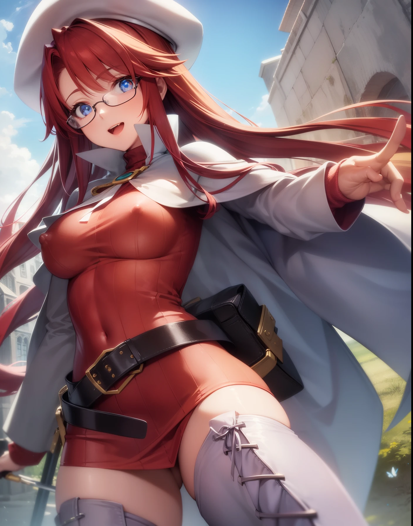 summonnightaty, aty, long hair, blue eyes, red hair, beret, hat, glasses,
BREAK long hair, thighhighs, hat, dress, boots, glasses, belt, cape, sweater, zettai ryouiki, beret, thigh boots, white footwear, ribbed sweater, loose belt,,
BREAK outdoors, fantasy_town,
BREAK (masterpiece:1.2), best quality, high resolution, unity 8k wallpaper, (illustration:0.8), (beautiful detailed eyes:1.6), extremely detailed face, perfect lighting, extremely detailed CG, (perfect hands, perfect anatomy),(covered_nipples:1.3),covered_navel,light_smile,dynamic_posing,(half_eyes:1.2),light_open_mouth,sword,