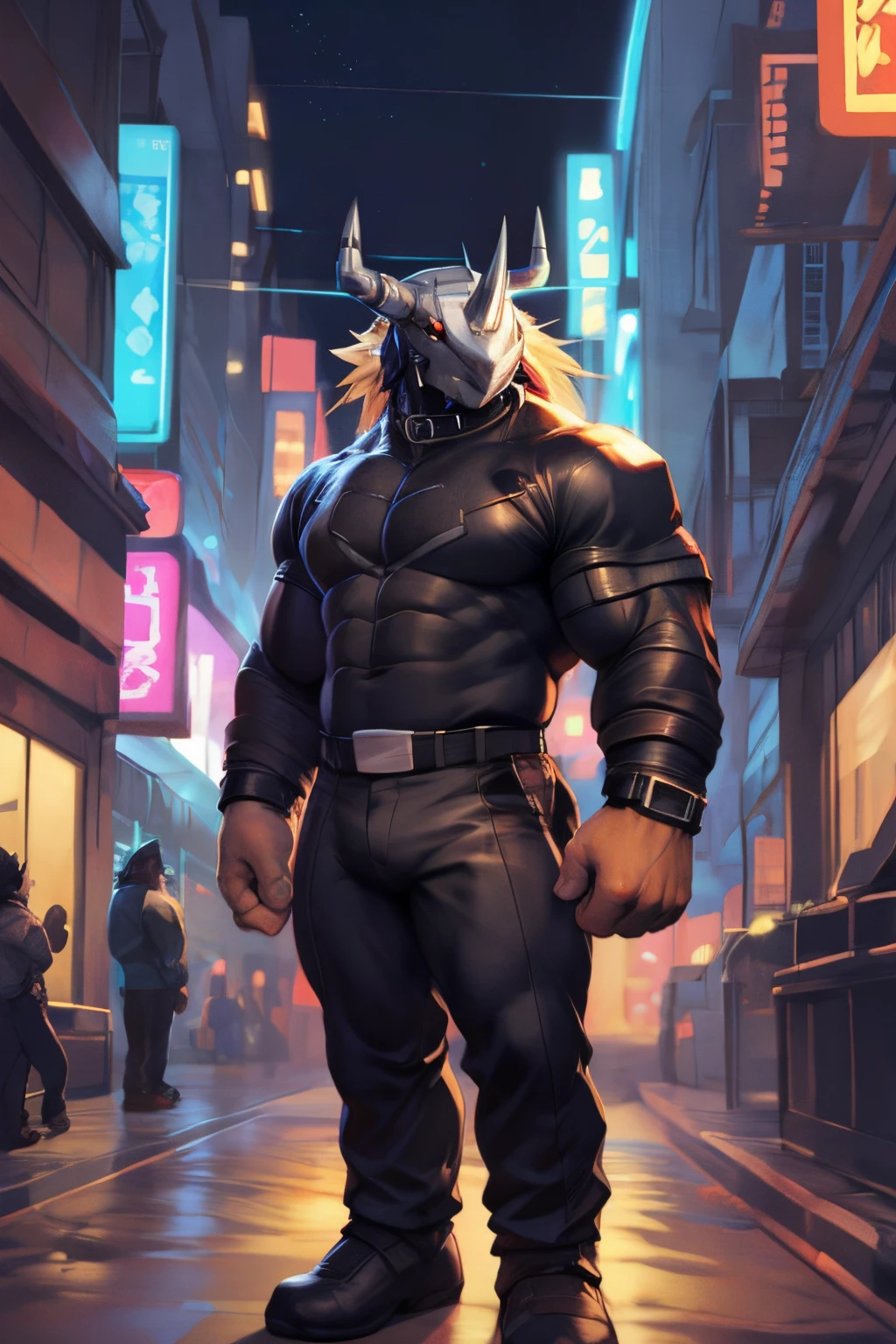 (por null-ghost, por darkgem, por kumak), (Wargreymon), seguro, Marcas, black sclera, ojos amarillos, masculino, solamente, Llevar chaqueta, pants, solamente, muscular, collar, capricho, Camisa negra, Noche, Ciudad, Tokio, calle, Akihabara, Neon lights,