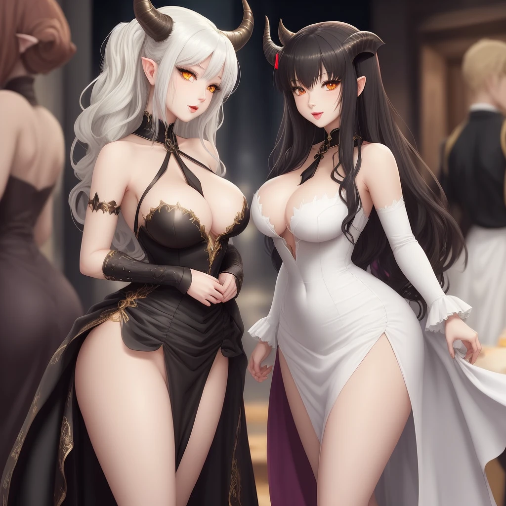 Create a woman character your race is a succubus her horn and tail are white she is white her dress is short and with a nice neckline her breasts are big she is yours if she has a good waist her hair is big and black her eyes are yellow like if it were cat eyes, anime realista