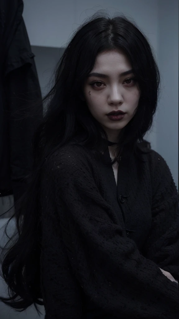 Mujer arafed con largo cabello negro sentada sobre una superficie blanca., cruel korean goth girl, goth girl aesthetic, Obras de arte al estilo de Guweiz, Sui Ishida con cabello negro, Guweiz, japanese gothic, ulzzang, pale goth beauty, gothic aesthetic, Dark aesthetics, cabello negro que fluye, Chica misteriosa, Chica con cabello negro