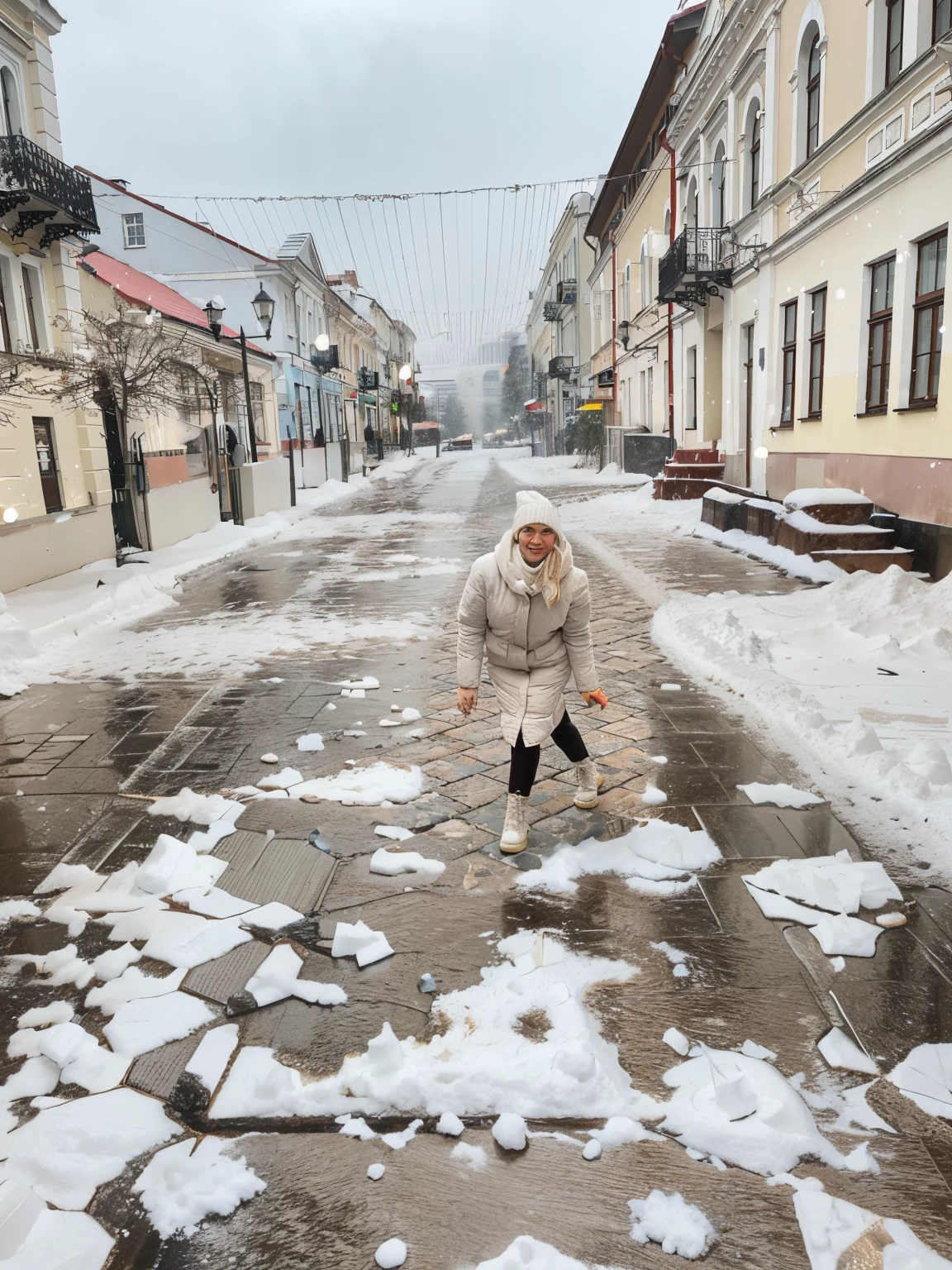 snowing, snow on tiles in the city, small piles of snow, The first snow
