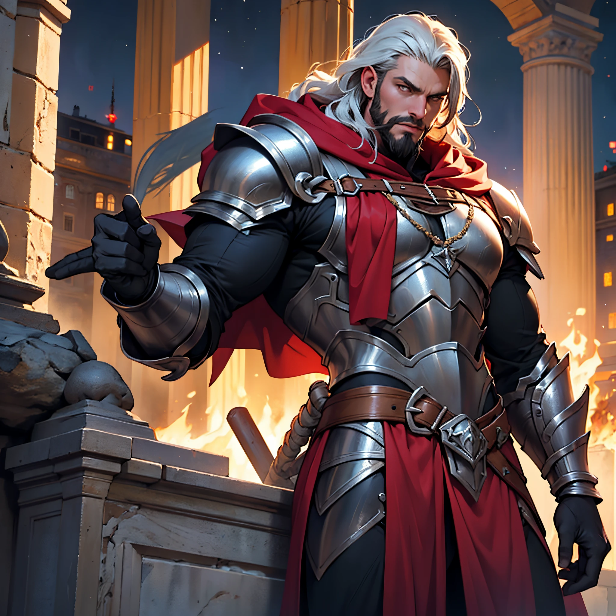 muscular male gladiator, Upper body black metal armor, Legs exposed from thighs to feet, decorated with beaded beard, Flowing long curls, Intricate muscle details, Realistic works, Little Red Riding Hood, 4k resolution. Background with: A night when ancient Rome burns,32K UHD, Best Quality, Masterpiece, super detaill, high detailed