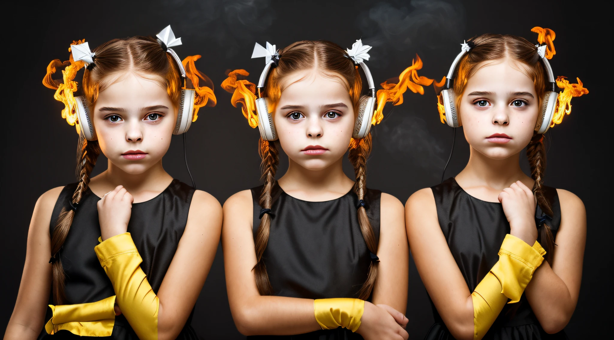 two girls with bows on their heads and one wearing a BLACK dress, HEADPHONES FIRE AND FIRE. smoke billowing, gemini twins portrait, faixa de cabelo AMARELO,