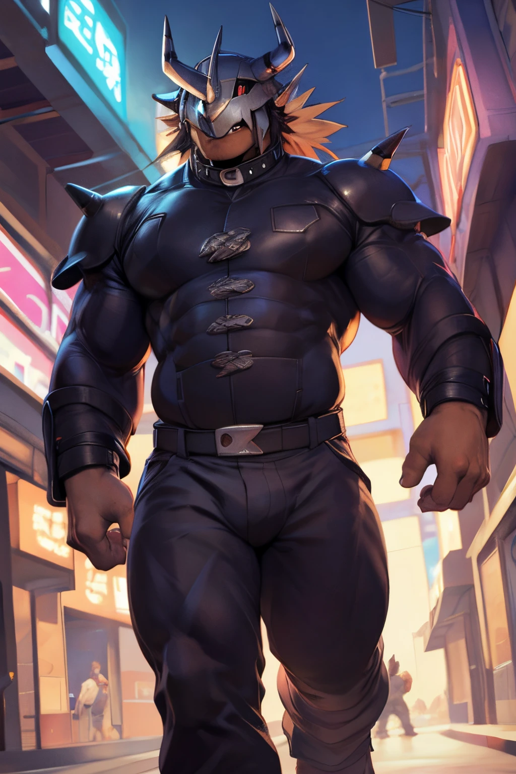 (por null-ghost, por darkgem, por kumak), (Wargreymon), seguro, Marcas, black sclera, ojos amarillos, masculino, solamente, Llevar chaqueta, pants, solamente, muscular, collar, capricho, Camisa negra, Noche, Ciudad, Tokio, calle, Akihabara, Neon lights,